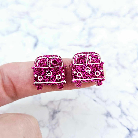 16mm hot pink glitter Kombi Vans DIY earring supplies laser cut acrylic studs blanks engraved paint fill summer