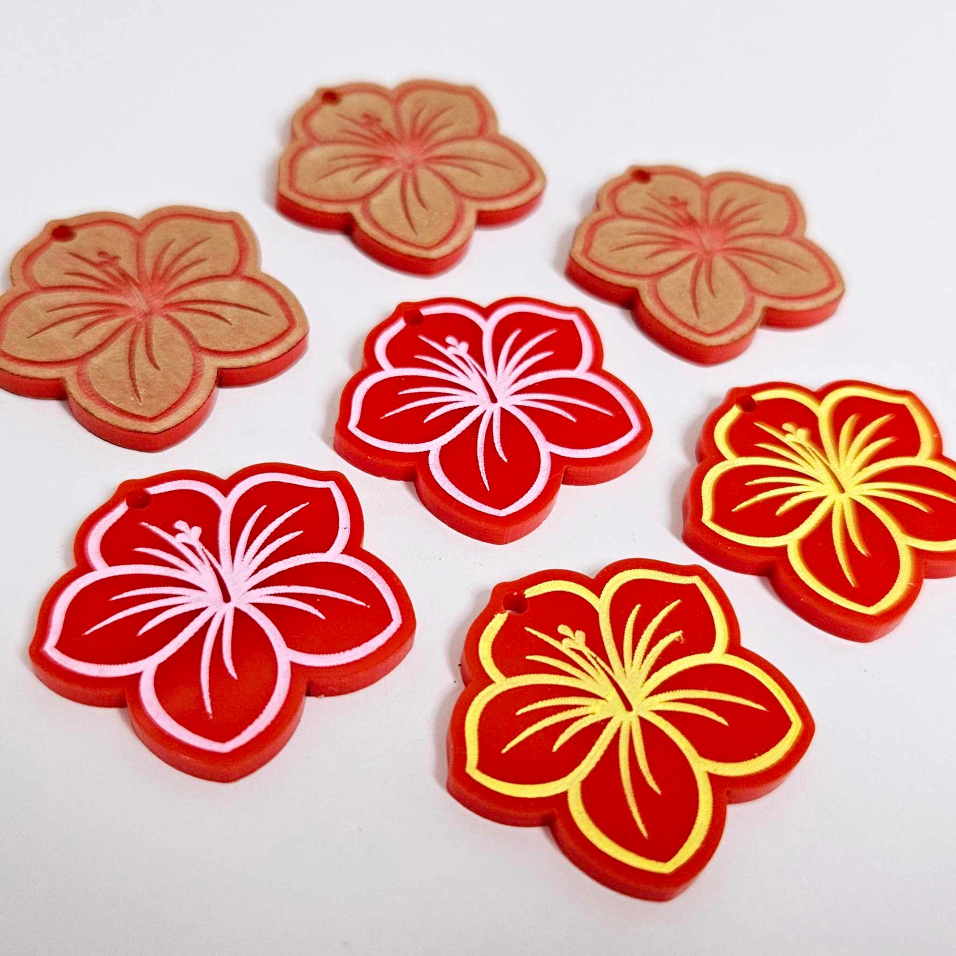 32mm red acrylic hibiscus flower DIY earring supplies laser cut dangles earring blanks engraved paint fill summer island vibes