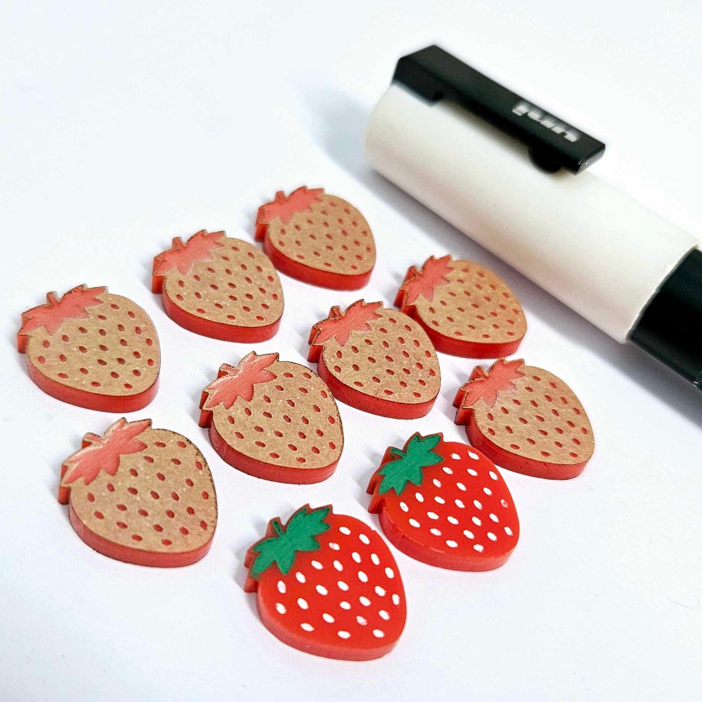 17mm solid red acrylic strawberry fruit DIY earring supplies studs blanks laser cut engraved paint fill summer