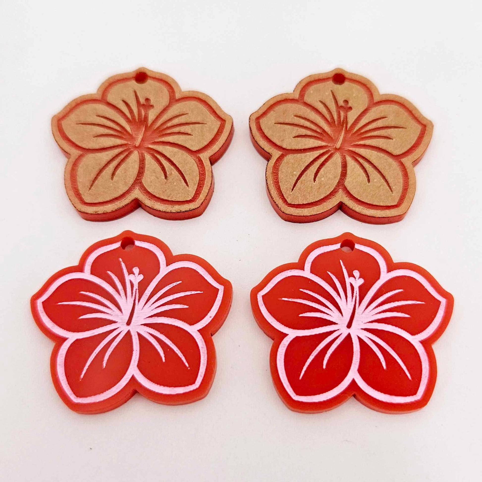 32mm red acrylic hibiscus flower DIY earring supplies laser cut dangles earring blanks engraved paint fill summer island vibes