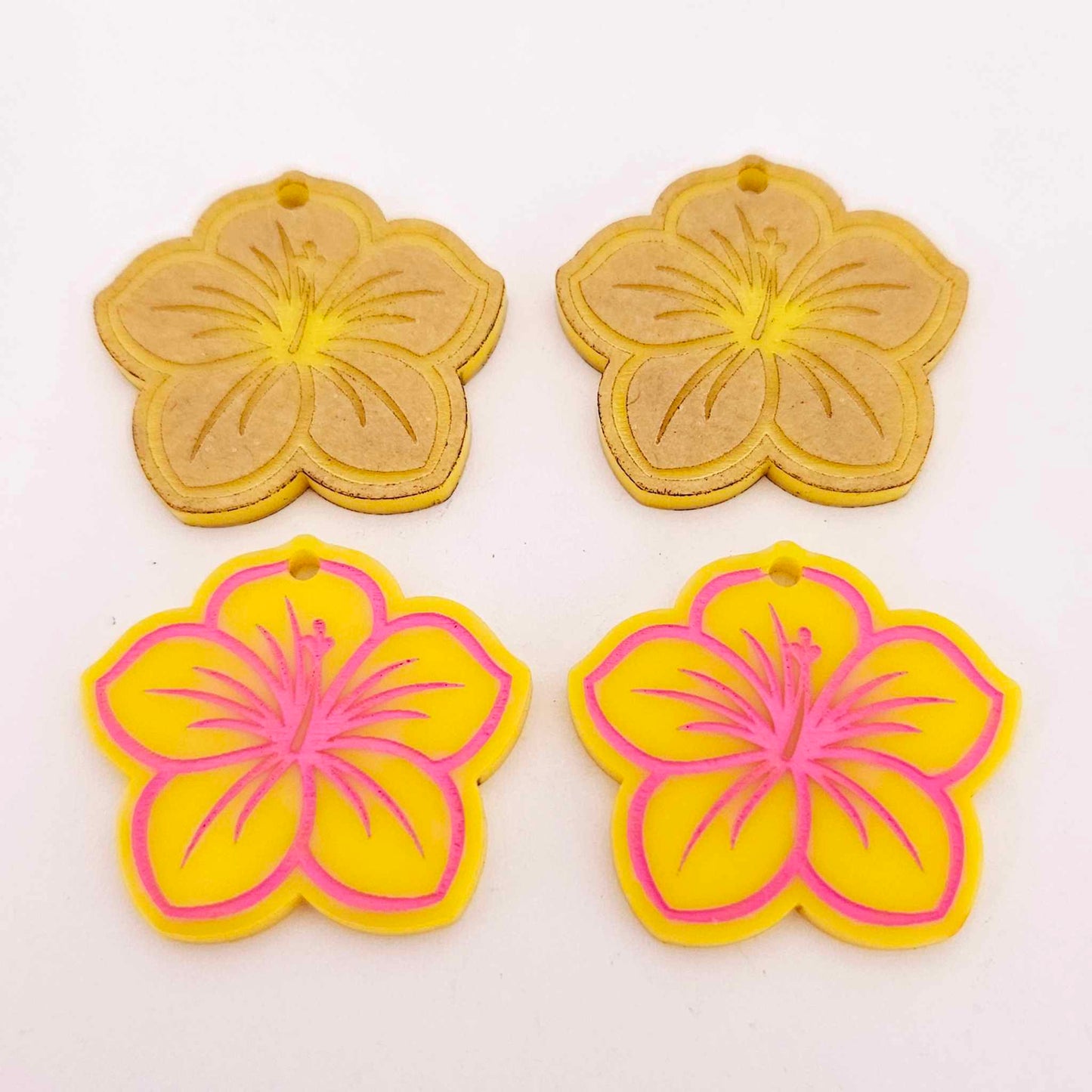 32mm yellow acrylic hibiscus flower DIY earring supplies laser cut dangles earring blanks engraved paint fill summer island vibes