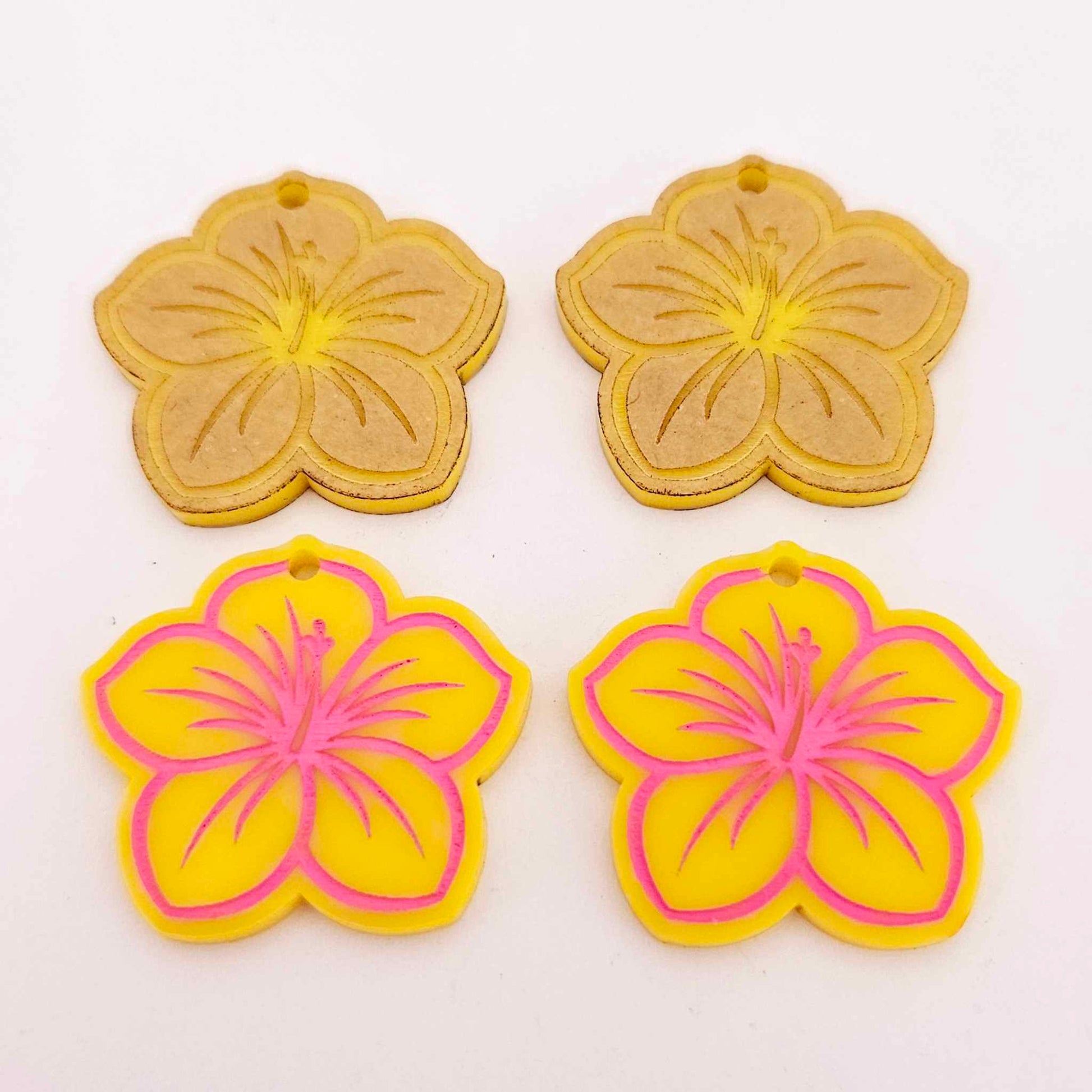 32mm yellow acrylic hibiscus flower DIY earring supplies laser cut dangles earring blanks engraved paint fill summer island vibes