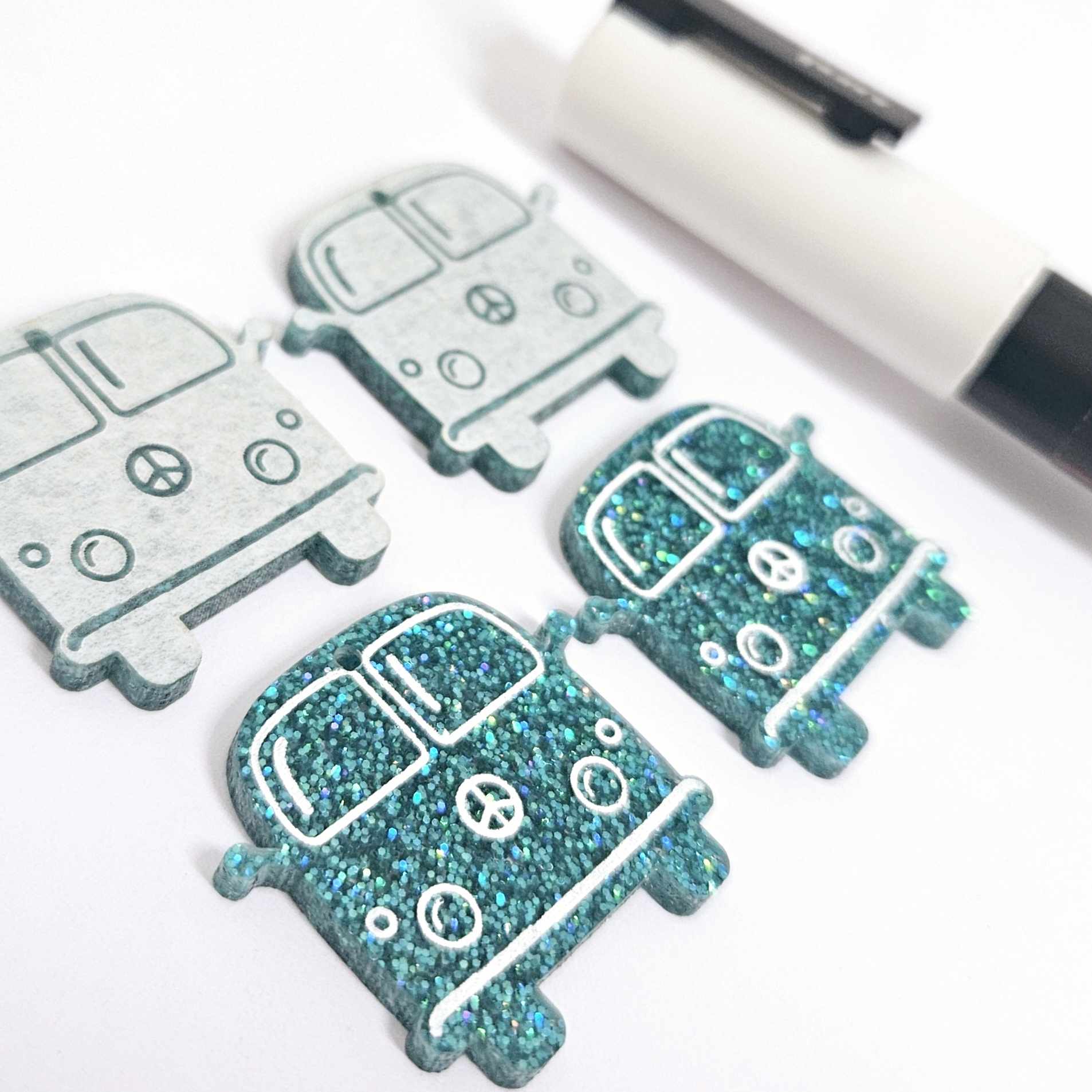 32mm teal glitter Kombi Vans DIY earring supplies laser cut acrylic dangles blanks engraved paint fill summer