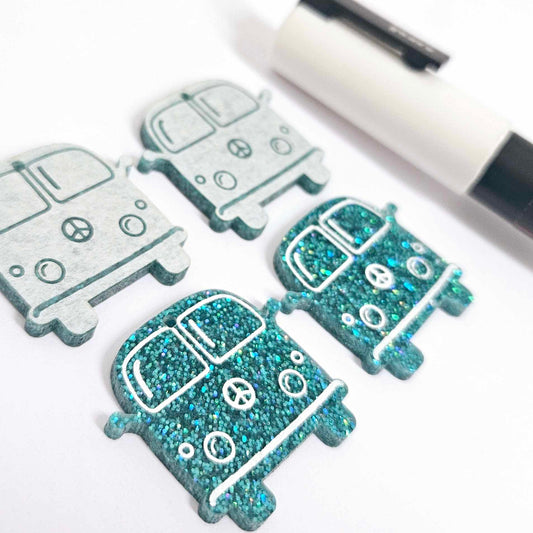 32mm teal glitter Kombi Vans DIY earring supplies laser cut acrylic dangles blanks engraved paint fill summer