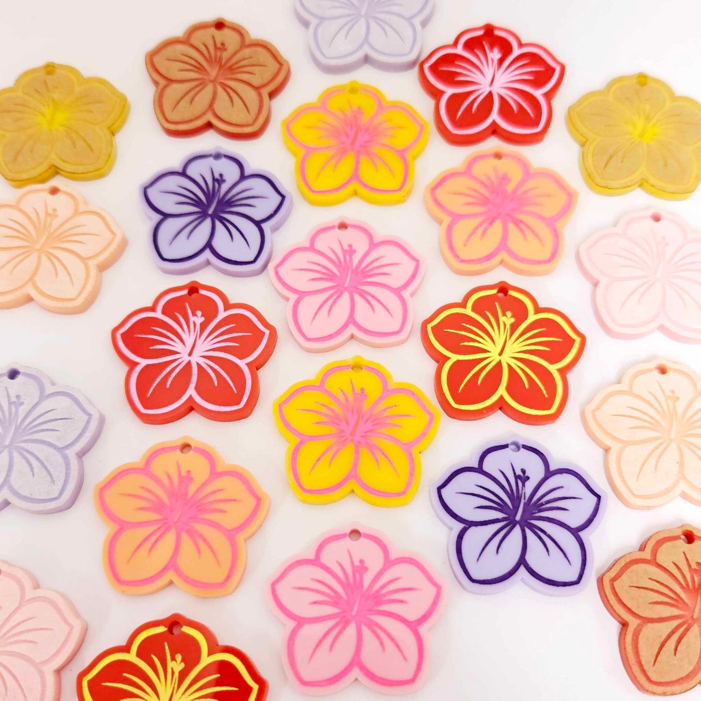 32mm pastel purple pink orange red yellow acrylic hibiscus flower mixed pack DIY earring supplies laser cut dangles earring blanks engraved paint fill summer island vibes