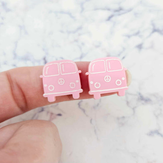 16mm pastel pink Kombi Vans DIY earring supplies laser cut acrylic studs blanks engraved paint fill summer