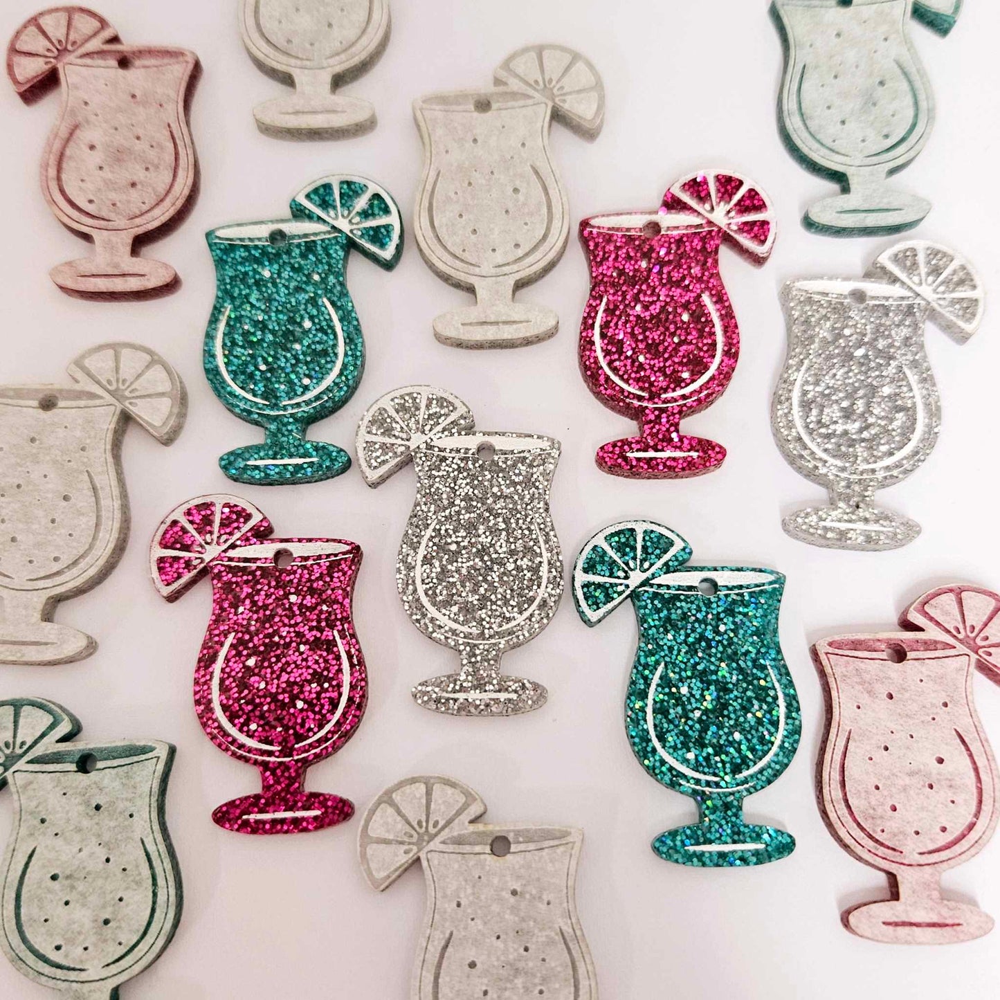 38mm hot pink teal silver glitter cocktail glasses mixed pack DIY earring supplies laser cut acrylic dangles blanks engraved paint fill summer cruises