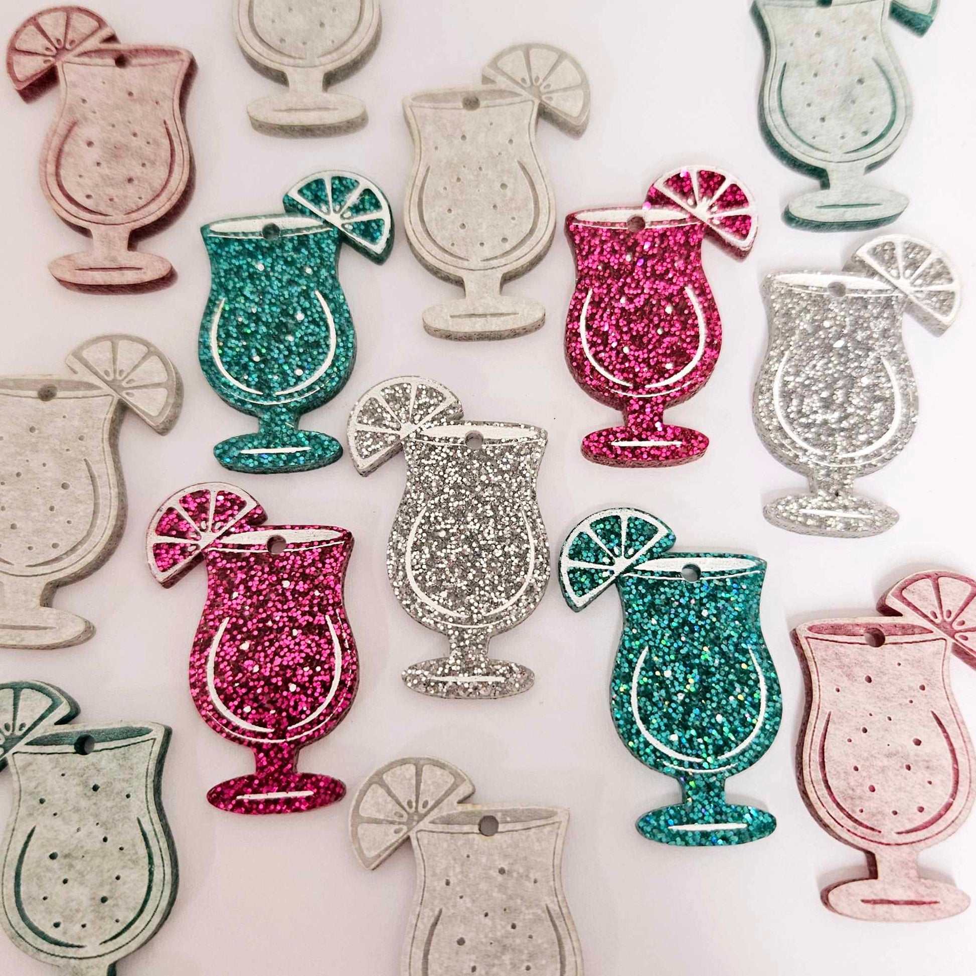 38mm hot pink teal silver glitter cocktail glasses mixed pack DIY earring supplies laser cut acrylic dangles blanks engraved paint fill summer cruises