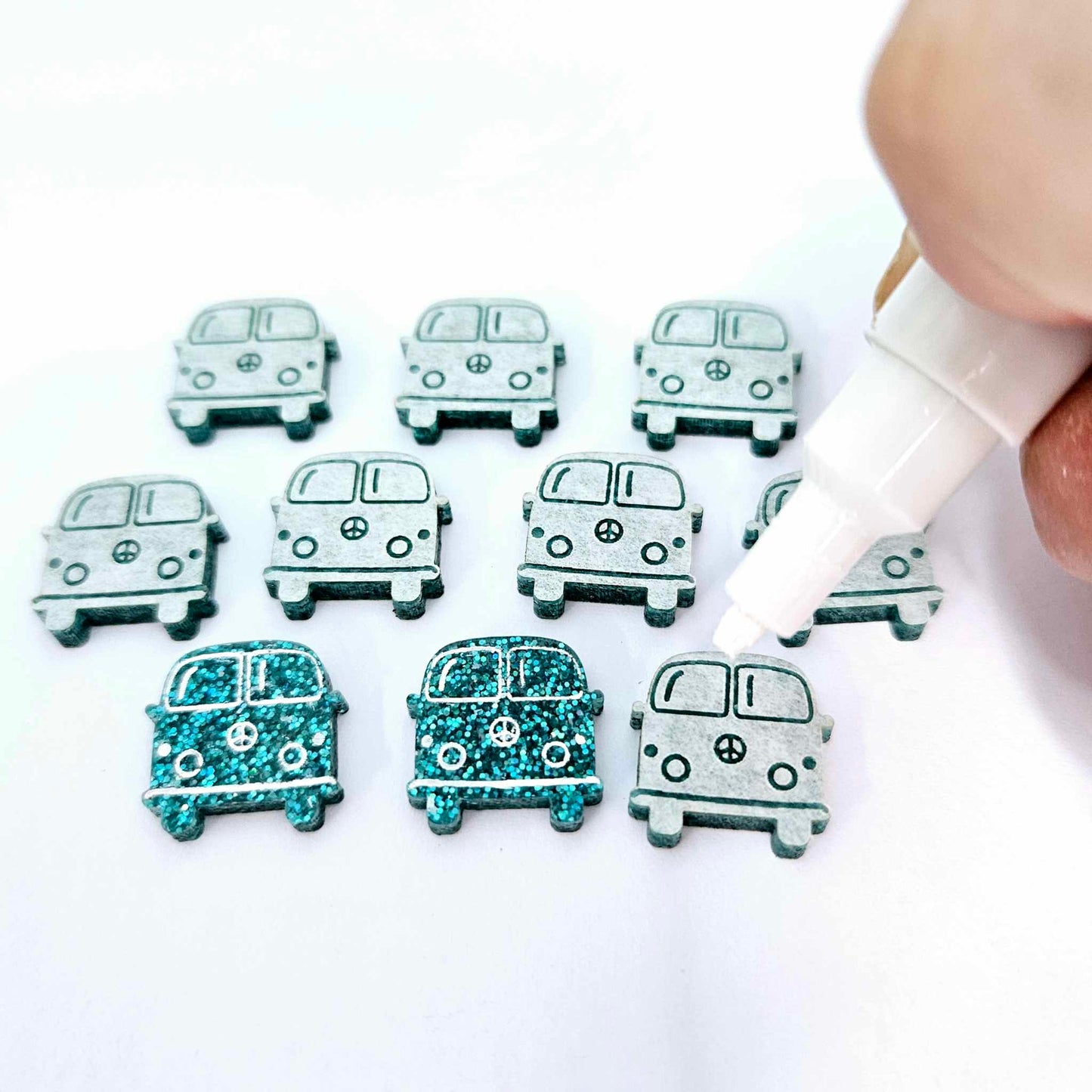 16mm teal glitter Kombi Vans DIY earring supplies laser cut acrylic studs blanks engraved paint fill summer