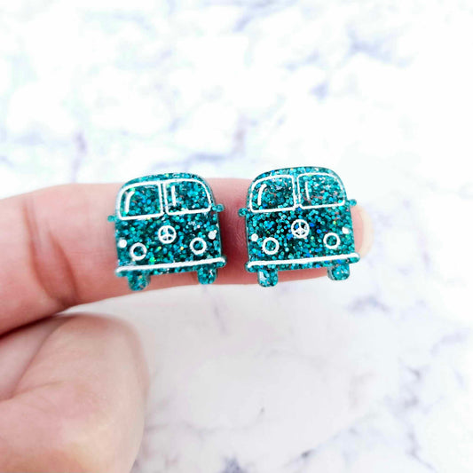 16mm teal glitter Kombi Vans DIY earring supplies laser cut acrylic studs blanks engraved paint fill summer