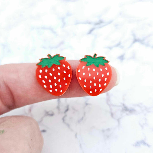 17mm solid red acrylic strawberry fruit DIY earring supplies studs blanks laser cut engraved paint fill summer
