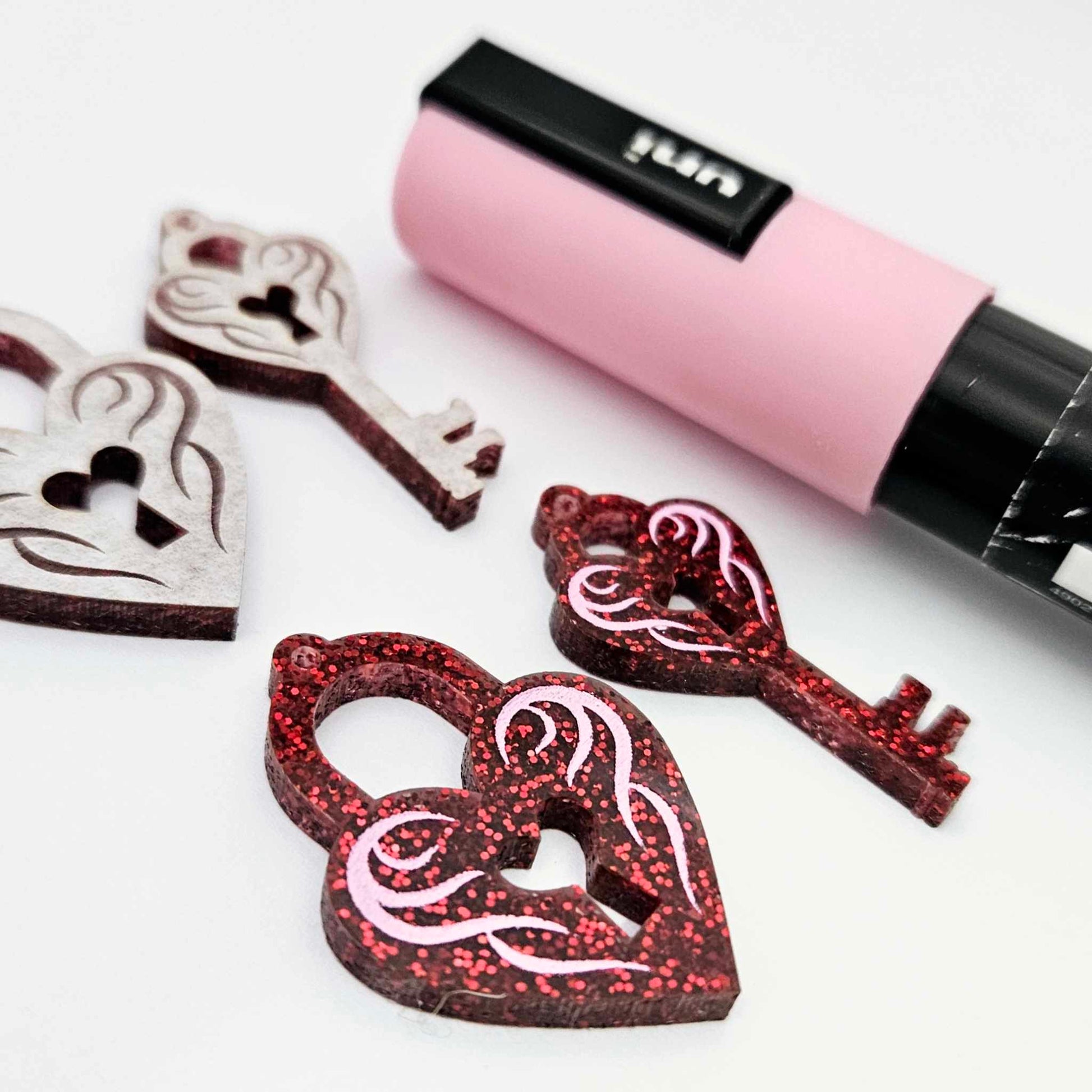 35mm red glitter heart key padlock DIY earring supplies laser cut acrylic dangles blanks engraved paint fill Valentine's Day