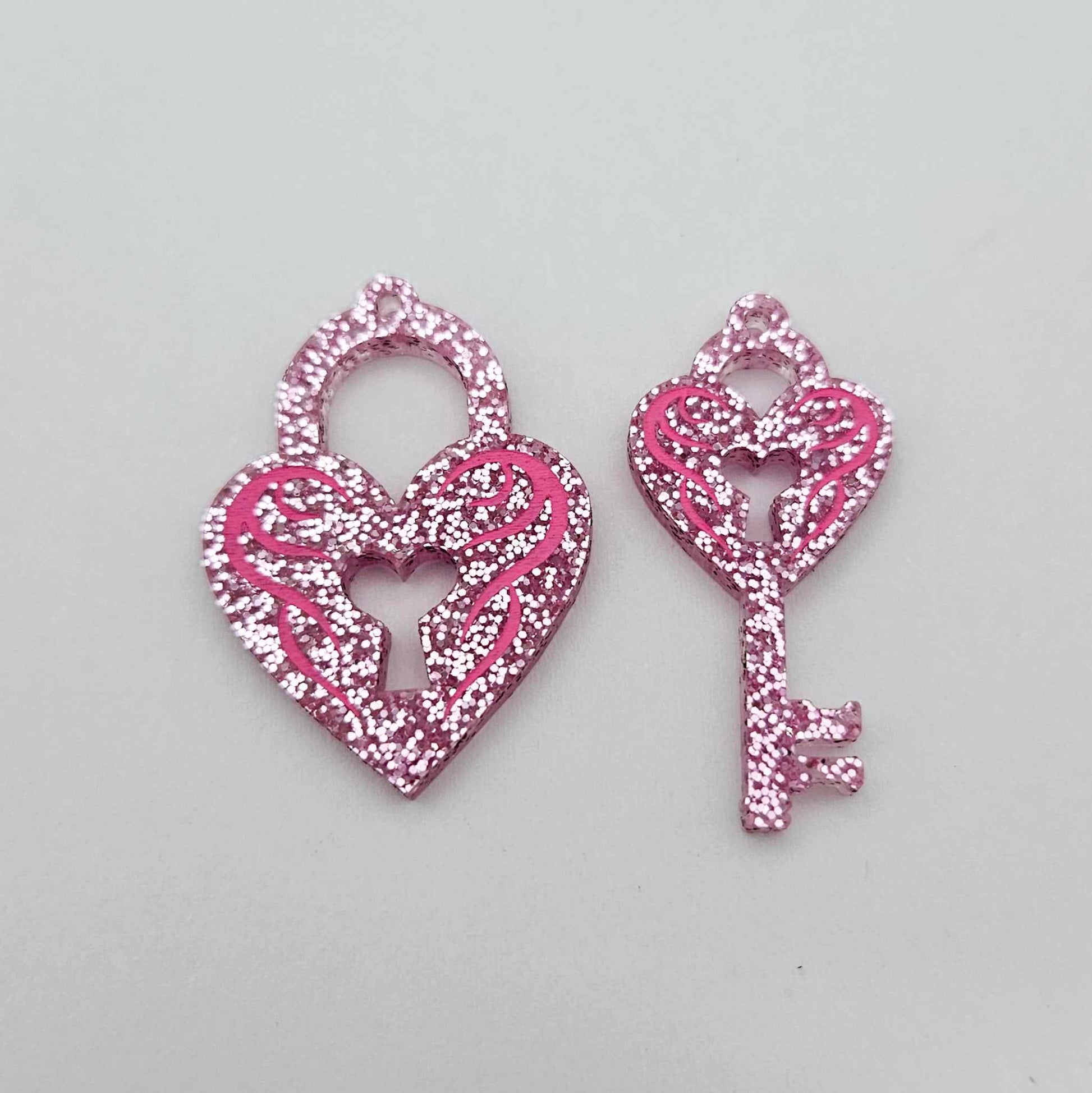 35mm pink glitter heart key padlock DIY earring supplies laser cut acrylic dangles blanks engraved paint fill Valentine's Day