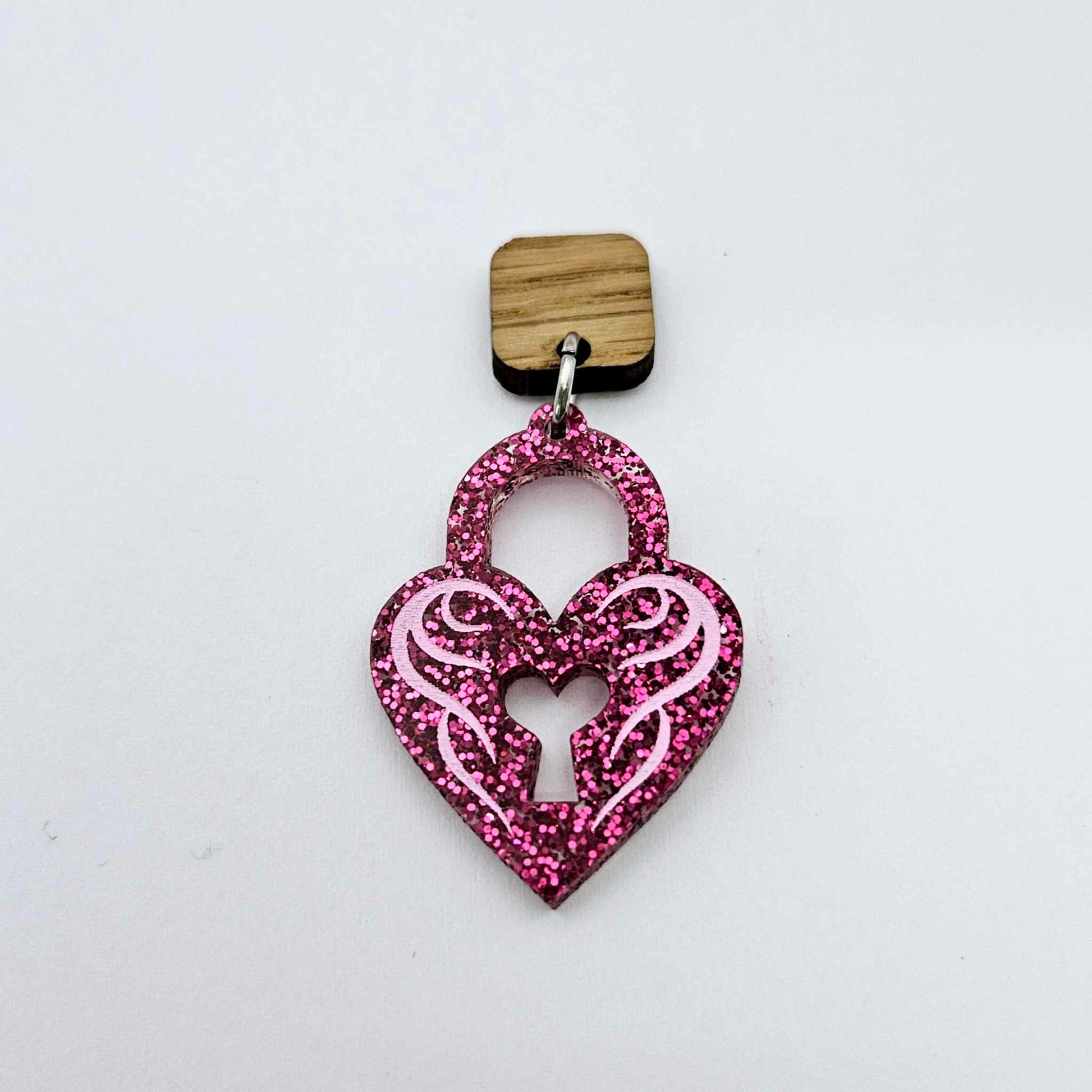 35mm hot pink glitter heart key padlock DIY earring supplies laser cut acrylic dangles blanks engraved paint fill Valentine's Day