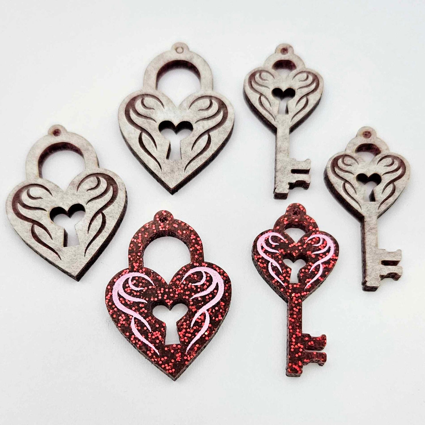35mm red glitter heart key padlock DIY earring supplies laser cut acrylic dangles blanks engraved paint fill Valentine's Day