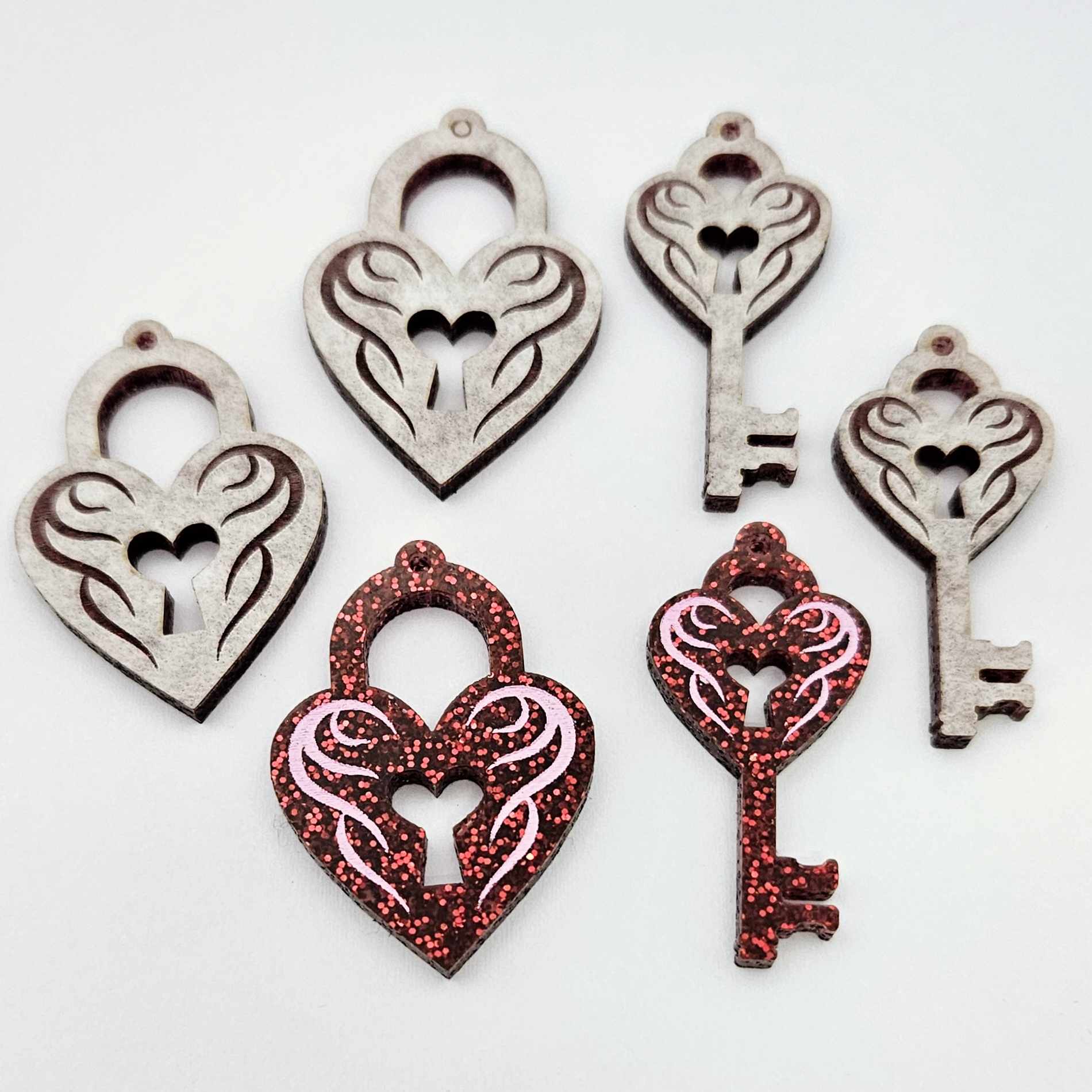 35mm red glitter heart key padlock DIY earring supplies laser cut acrylic dangles blanks engraved paint fill Valentine's Day