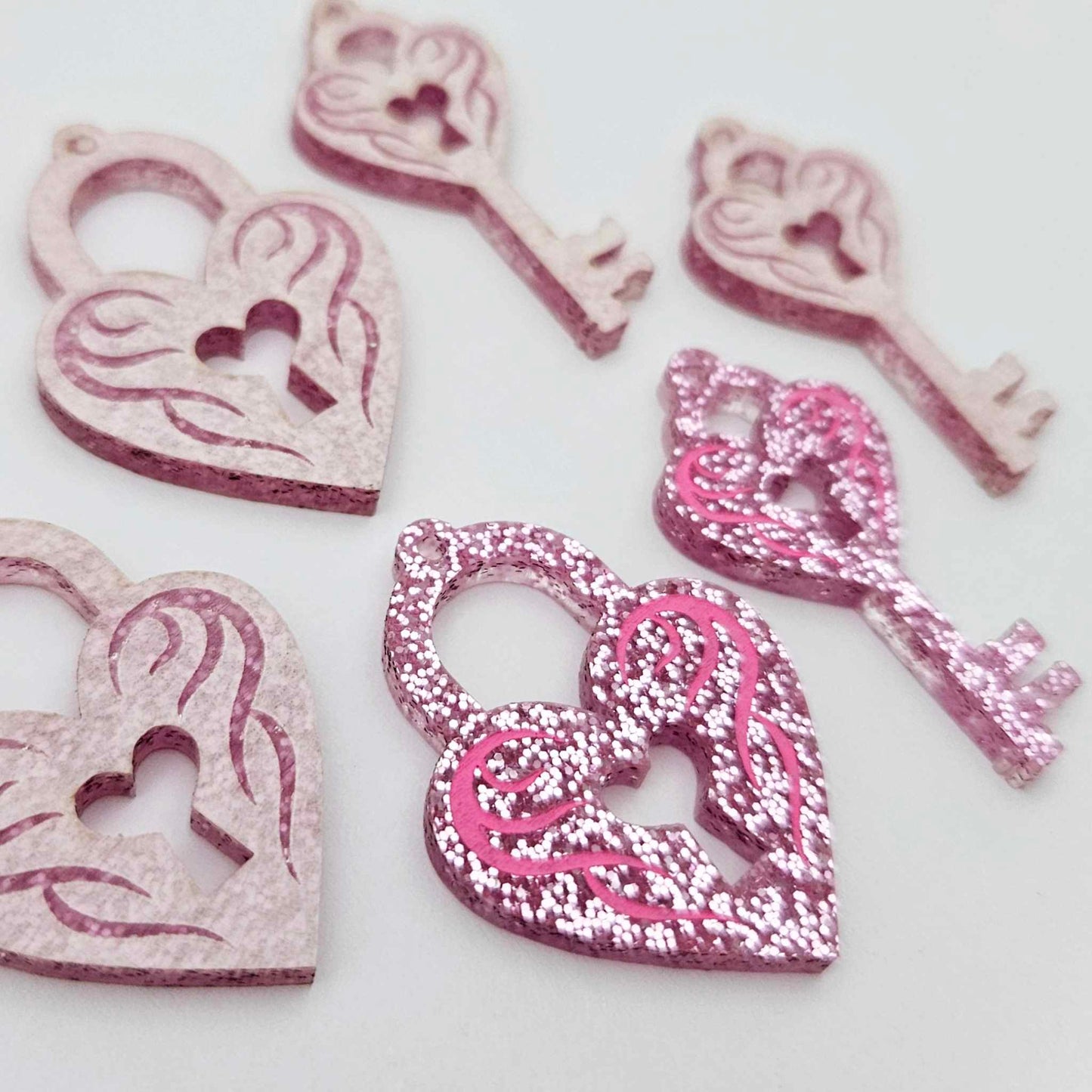 35mm pink glitter heart key padlock DIY earring supplies laser cut acrylic dangles blanks engraved paint fill Valentine's Day