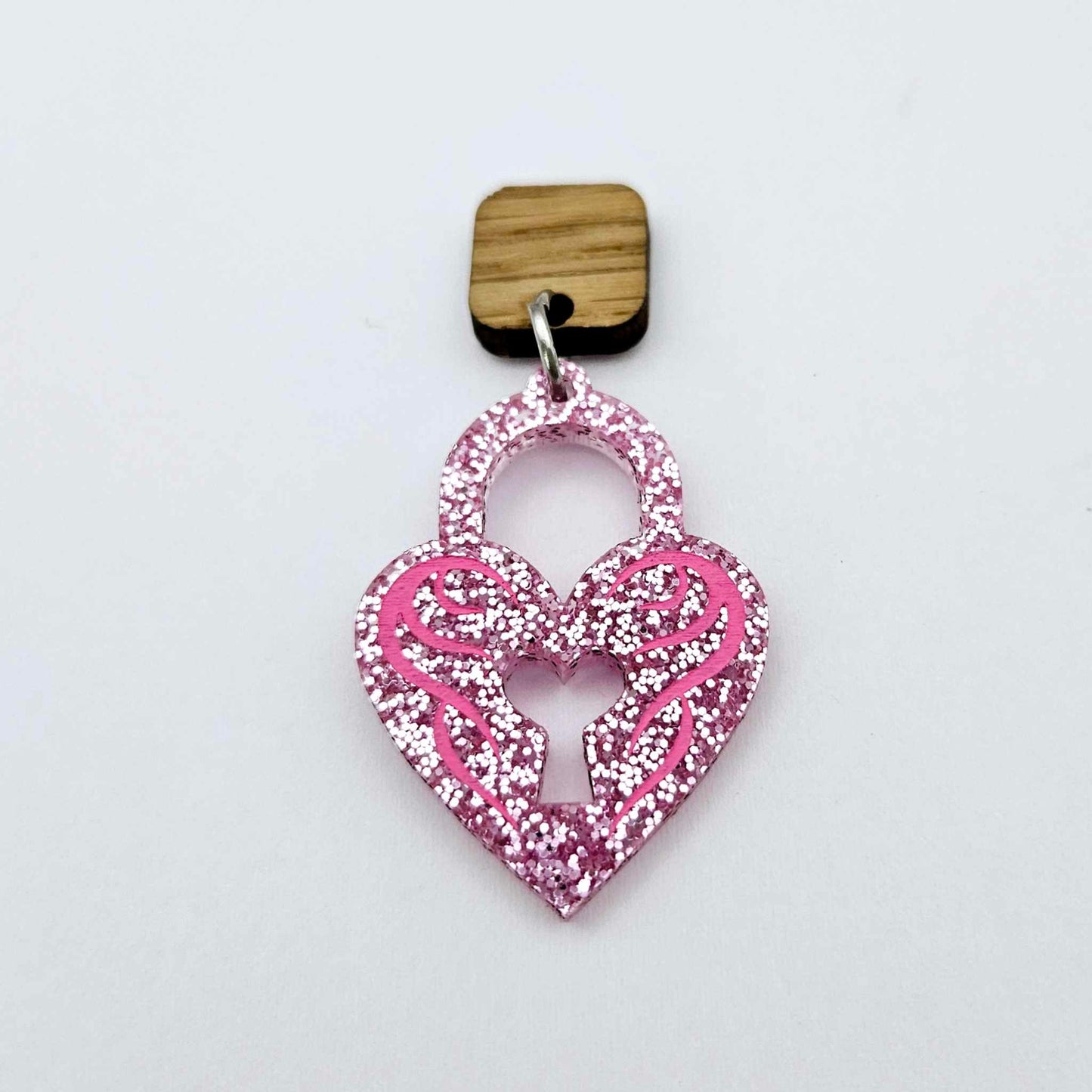 35mm pink glitter heart key padlock DIY earring supplies laser cut acrylic dangles blanks engraved paint fill Valentine's Day