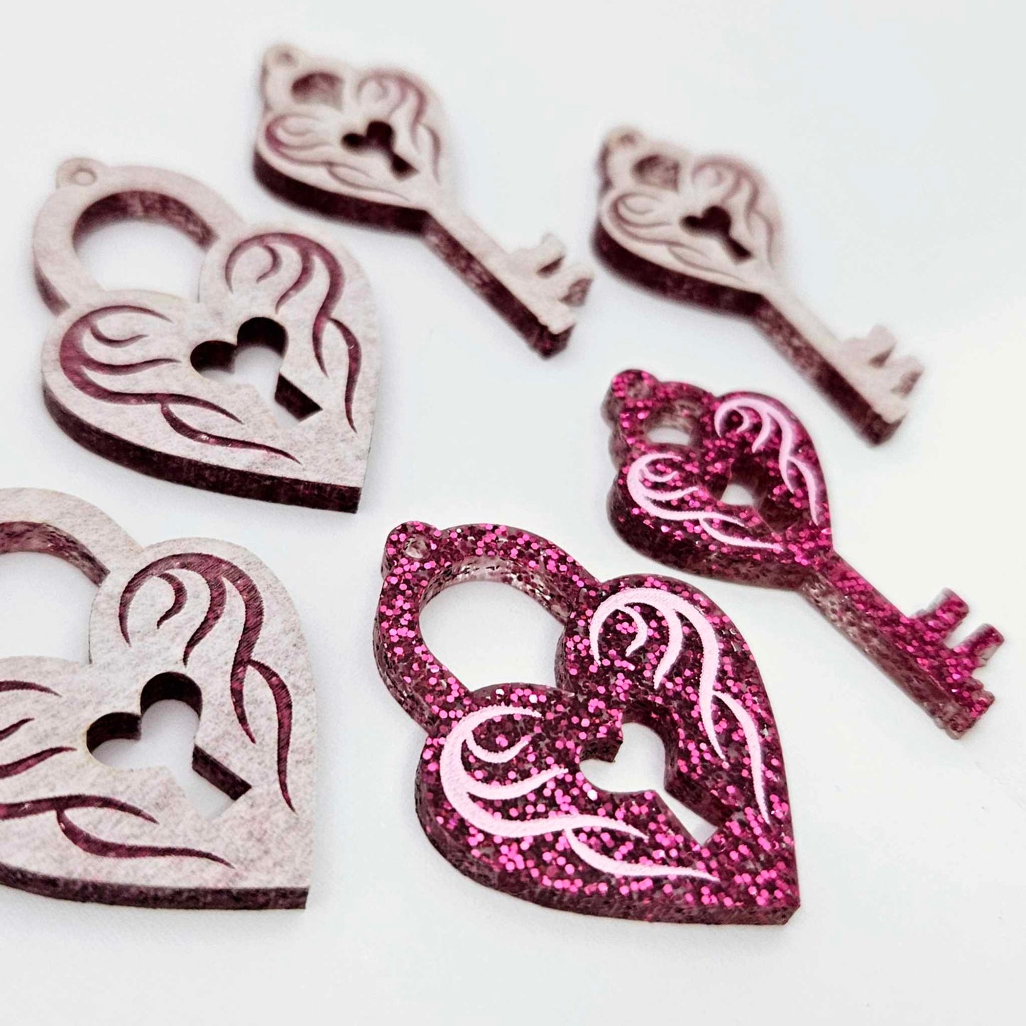 35mm hot pink glitter heart key padlock DIY earring supplies laser cut acrylic dangles blanks engraved paint fill Valentine's Day