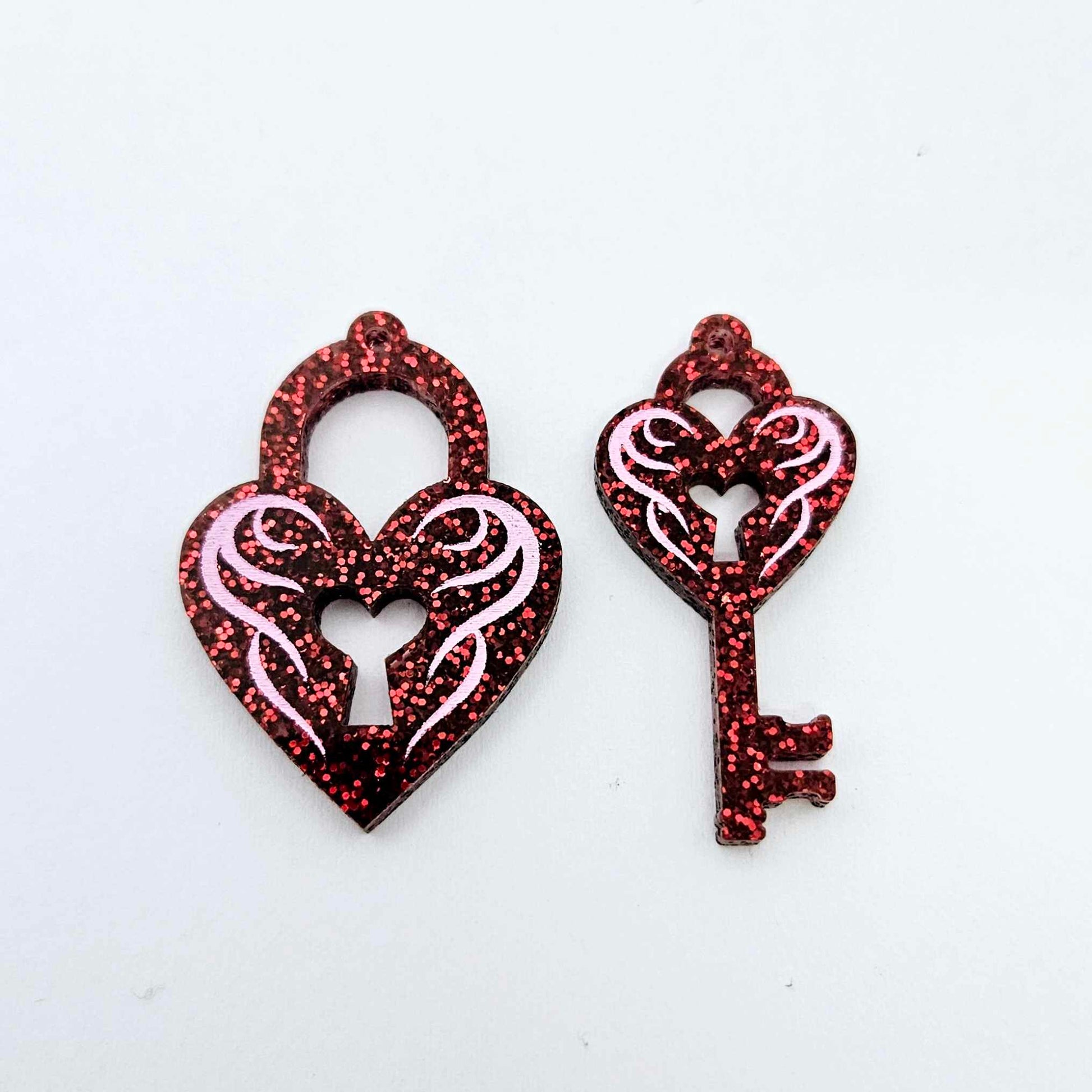 35mm red glitter heart key padlock DIY earring supplies laser cut acrylic dangles blanks engraved paint fill Valentine's Day