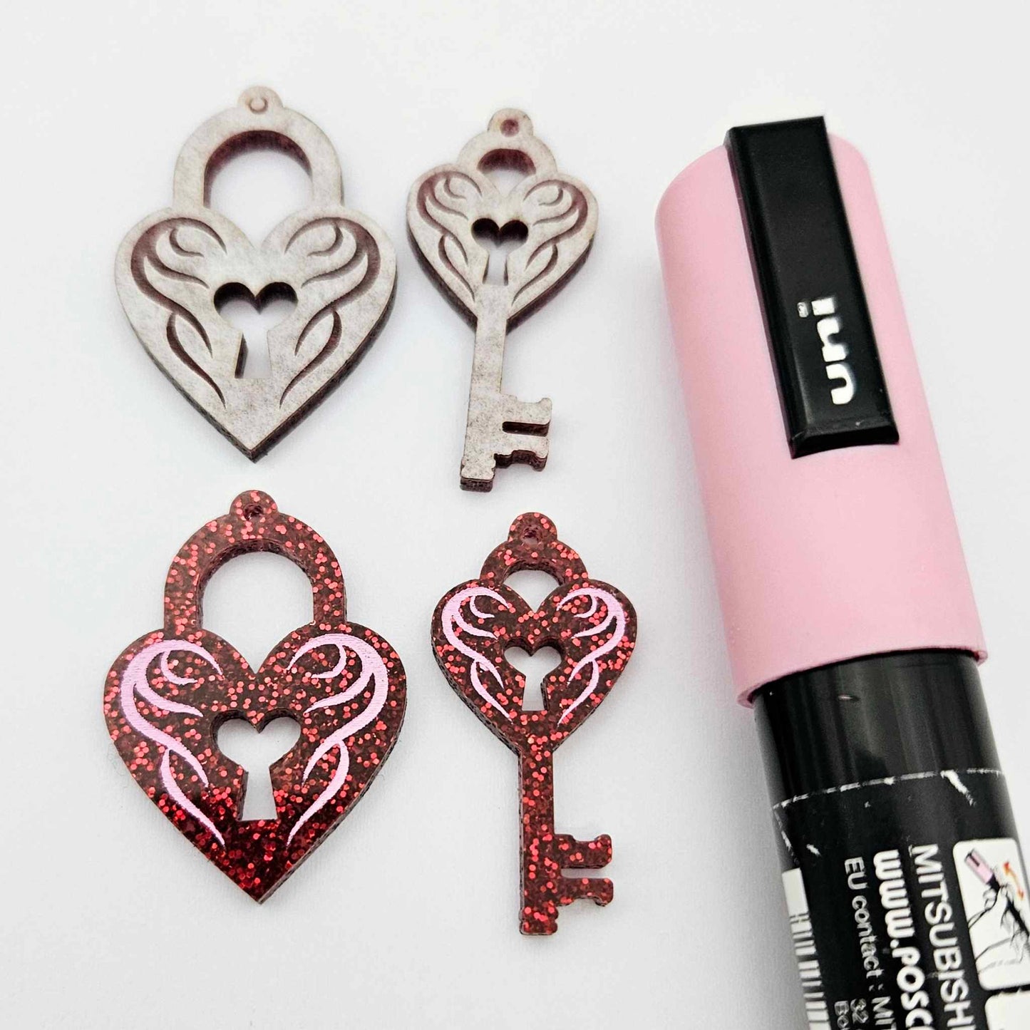 35mm red glitter heart key padlock DIY earring supplies laser cut acrylic dangles blanks engraved paint fill Valentine's Day