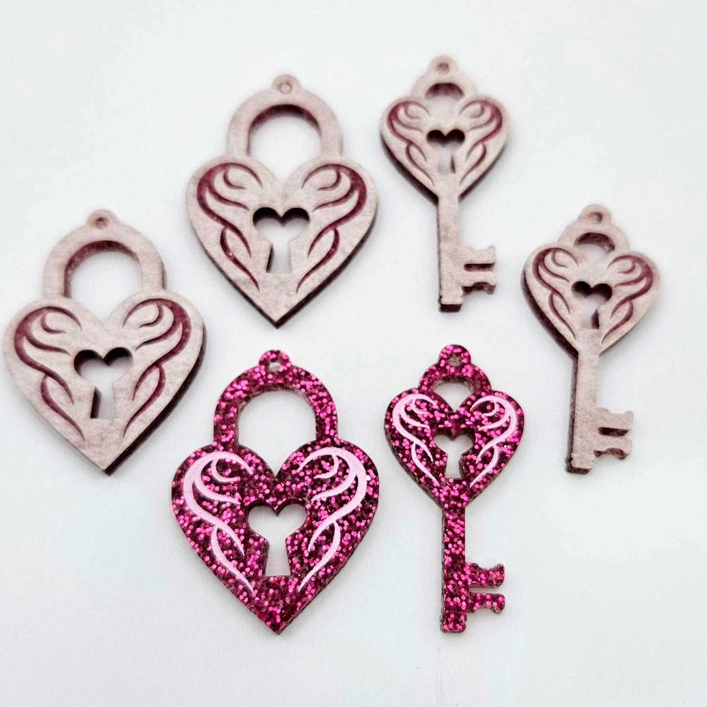35mm hot pink glitter heart key padlock DIY earring supplies laser cut acrylic dangles blanks engraved paint fill Valentine's Day