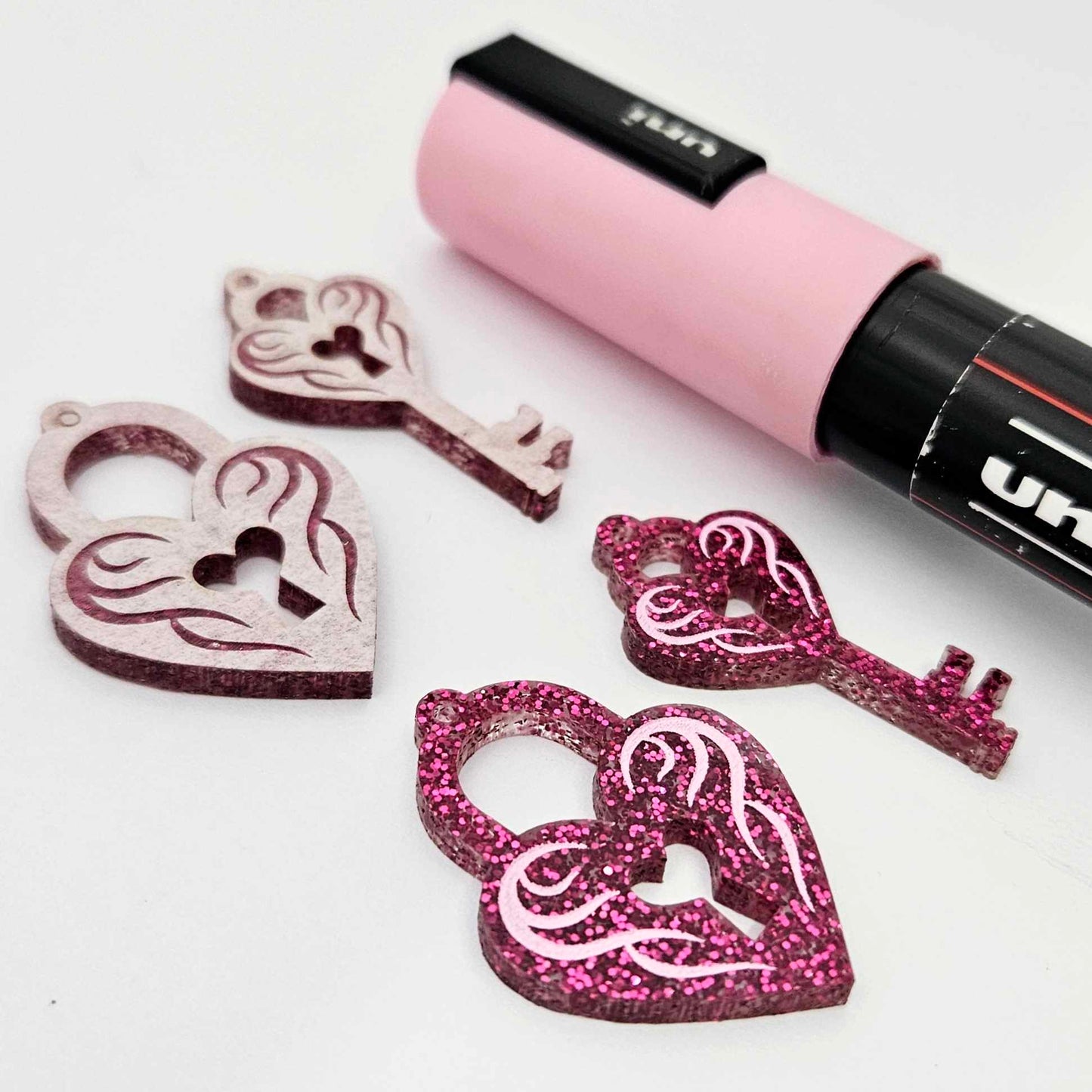 35mm hot pink glitter heart key padlock DIY earring supplies laser cut acrylic dangles blanks engraved paint fill Valentine's Day