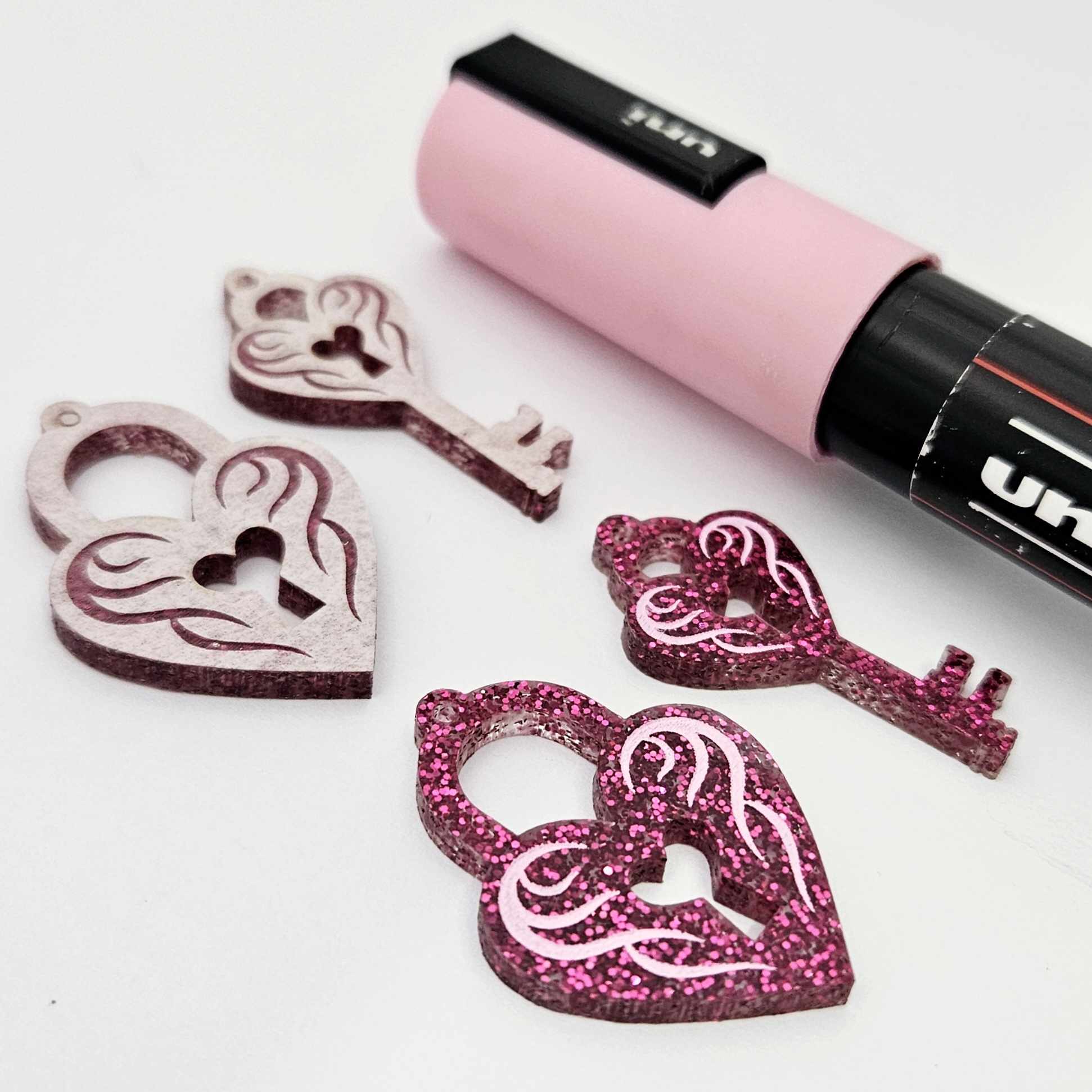35mm hot pink glitter heart key padlock DIY earring supplies laser cut acrylic dangles blanks engraved paint fill Valentine's Day