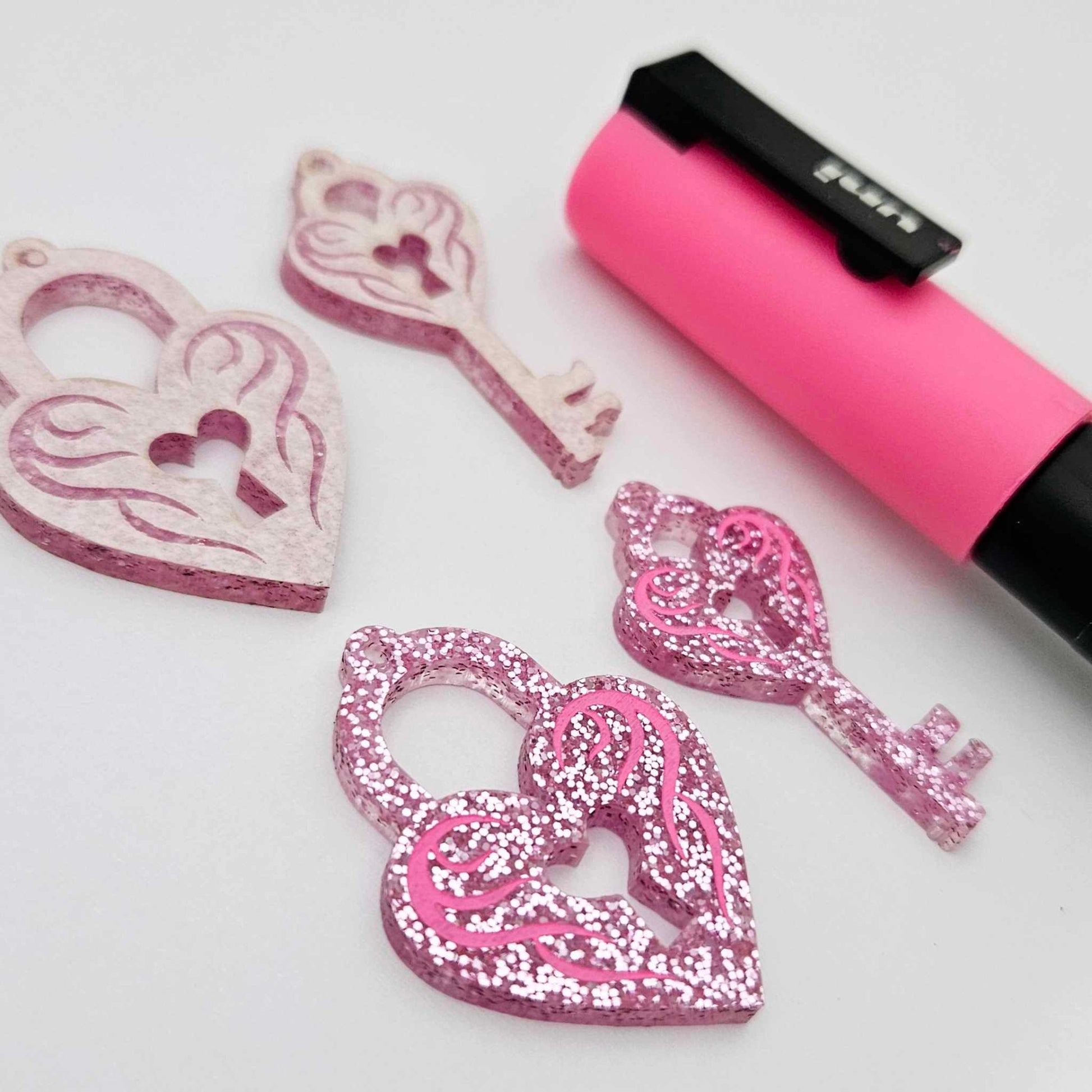 35mm pink glitter heart key padlock DIY earring supplies laser cut acrylic dangles blanks engraved paint fill Valentine's Day
