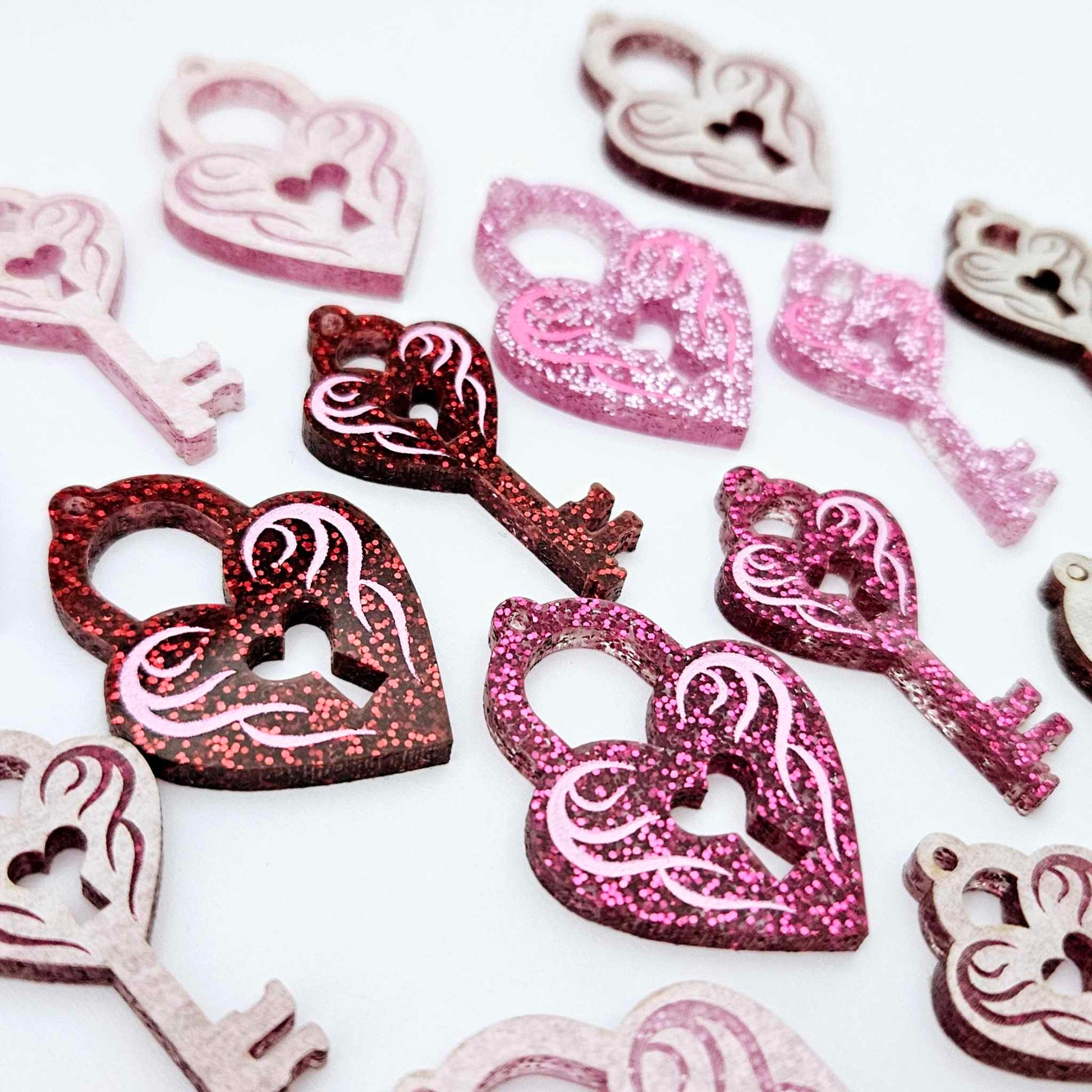 35mm red pink hot pink glitter heart key padlock mixed pack DIY earring supplies laser cut acrylic dangles blanks engraved paint fill Valentine's Day