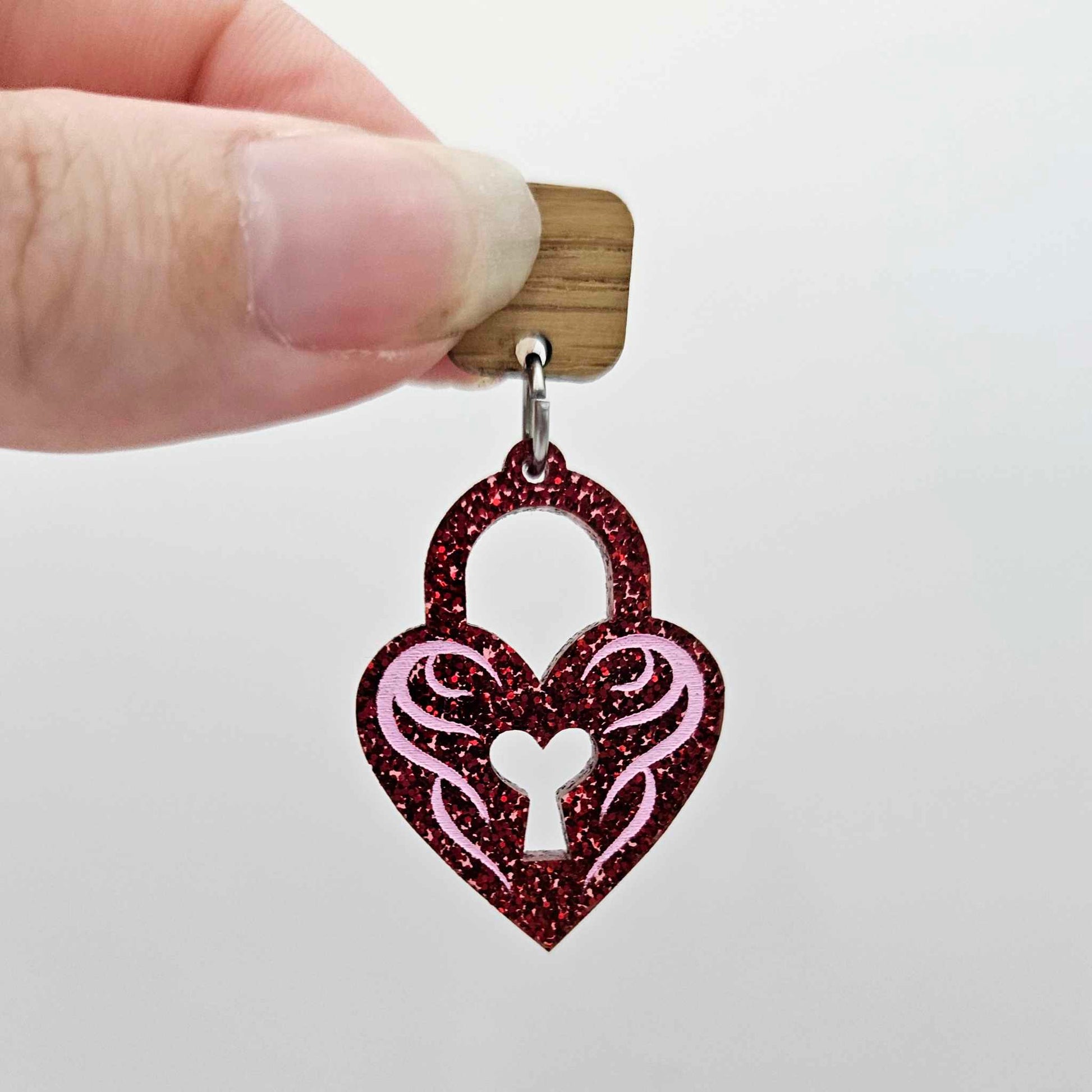 35mm red glitter heart key padlock DIY earring supplies laser cut acrylic dangles blanks engraved paint fill Valentine's Day