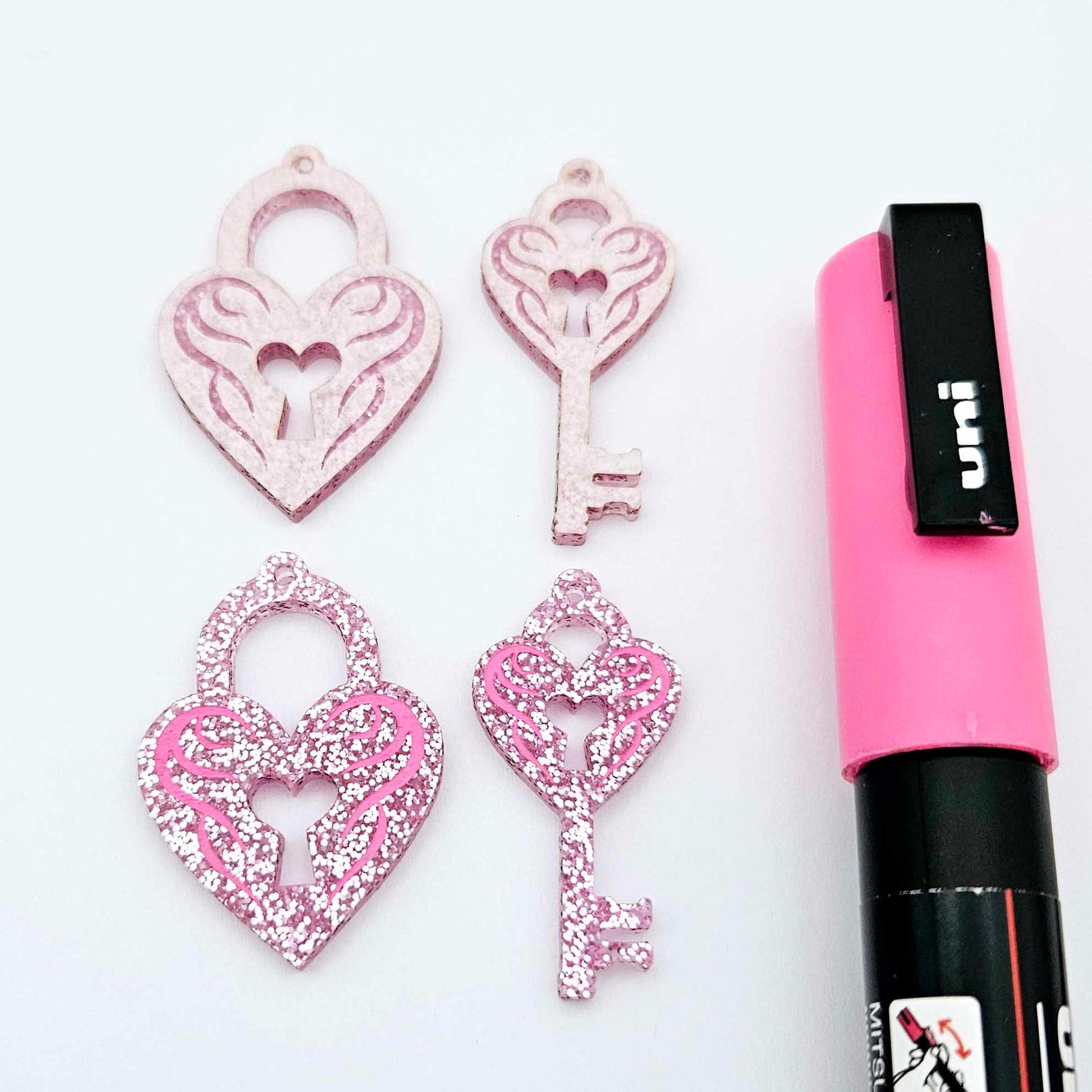 35mm pink glitter heart key padlock DIY earring supplies laser cut acrylic dangles blanks engraved paint fill Valentine's Day