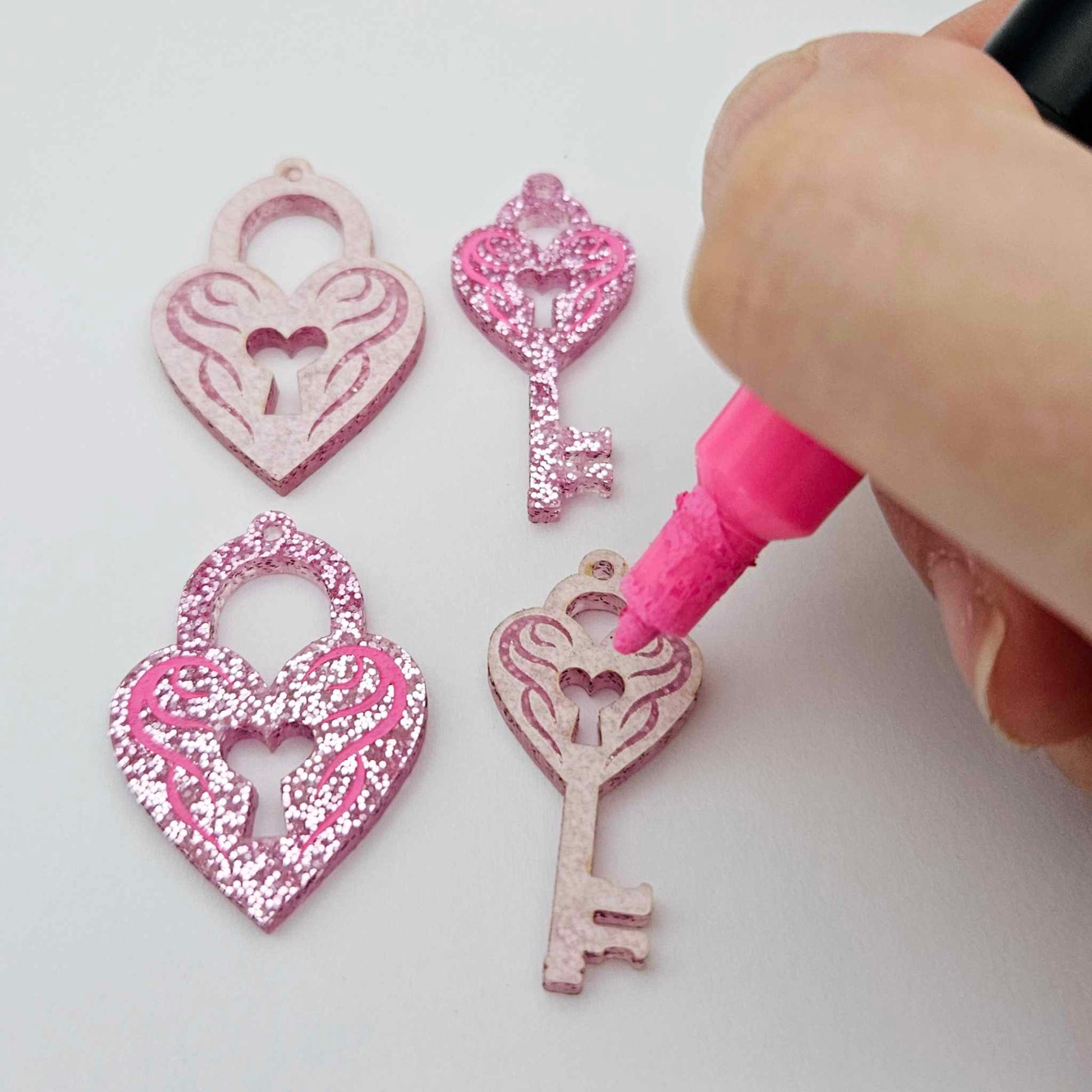 35mm pink glitter heart key padlock DIY earring supplies laser cut acrylic dangles blanks engraved paint fill Valentine's Day