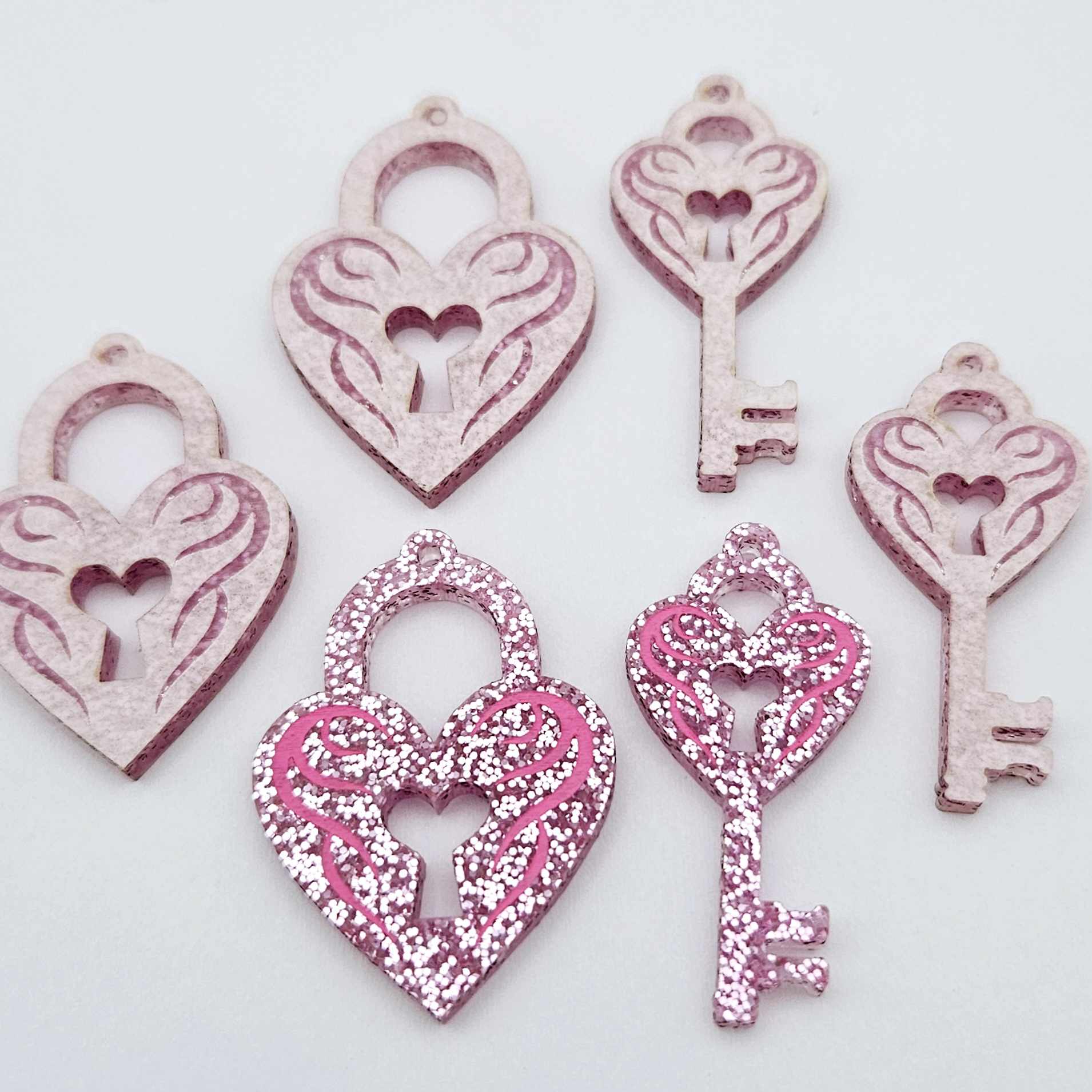 35mm pink glitter heart key padlock DIY earring supplies laser cut acrylic dangles blanks engraved paint fill Valentine's Day