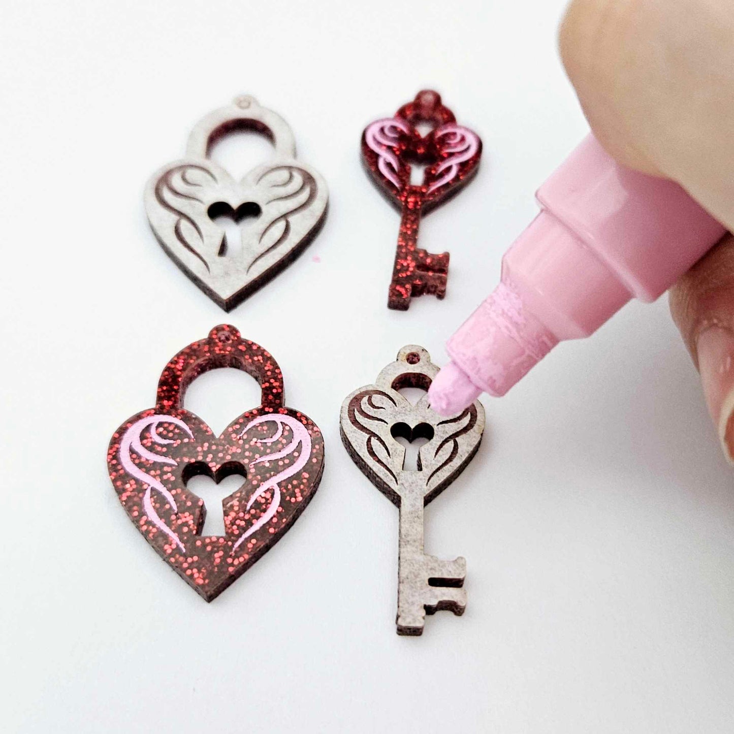 35mm red glitter heart key padlock DIY earring supplies laser cut acrylic dangles blanks engraved paint fill Valentine's Day