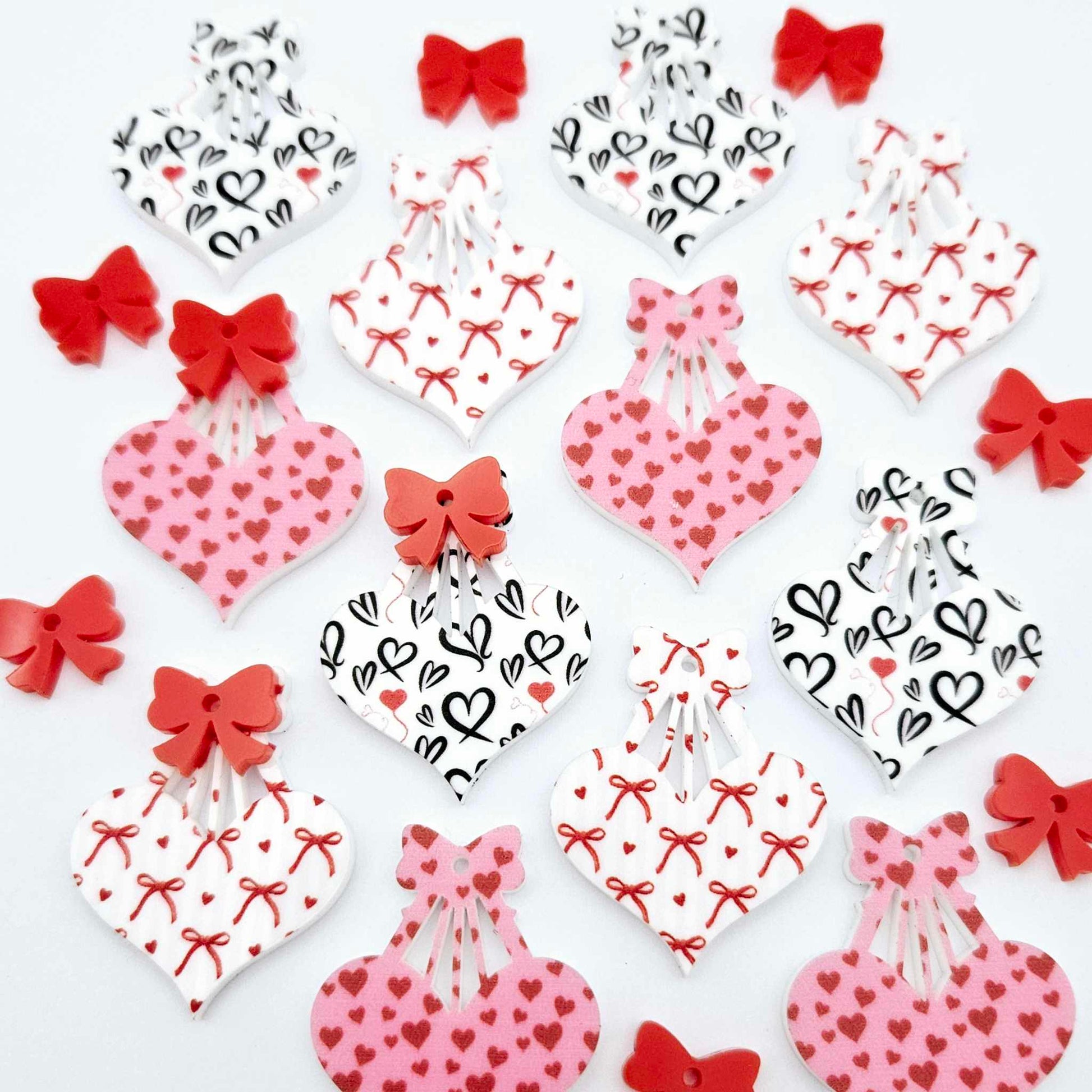 35mm UV printed hearts bows ribbon red pink white black DIY earring supplies laser cut acrylic dangles blanks Valentine's Day mixed pack