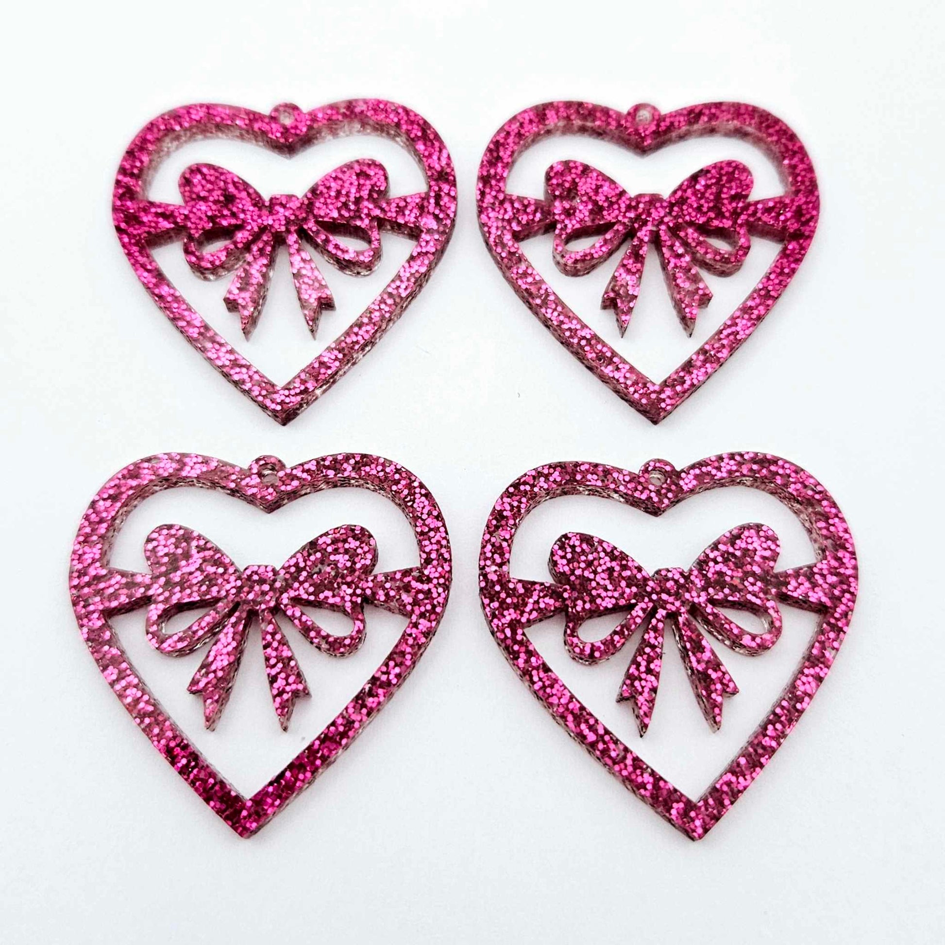 35mm hot pink glitter heart bows DIY earring supplies laser cut acrylic dangles blanks Valentine's Day