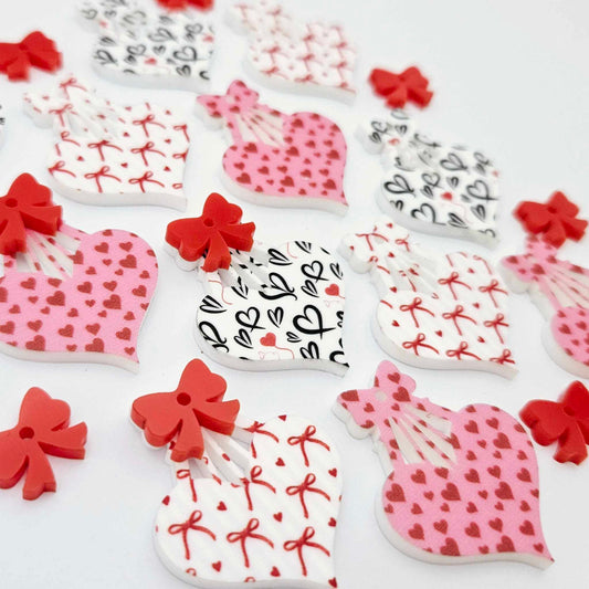 35mm UV printed hearts bows ribbon red pink white black DIY earring supplies laser cut acrylic dangles blanks Valentine's Day mixed pack