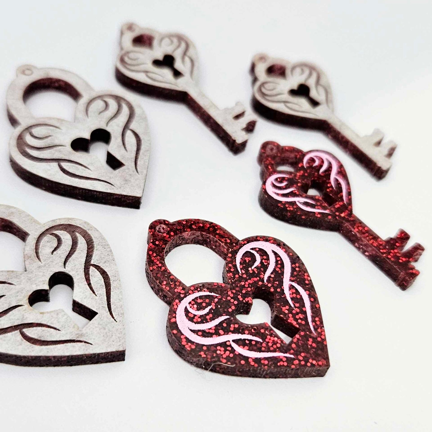 35mm red glitter heart key padlock DIY earring supplies laser cut acrylic dangles blanks engraved paint fill Valentine's Day