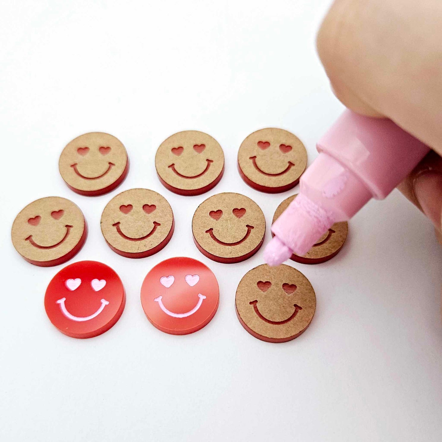 18mm red acrylic heart eye emoji DIY earring supplies studs blanks laser cut engraved paint fill Valentine's Day