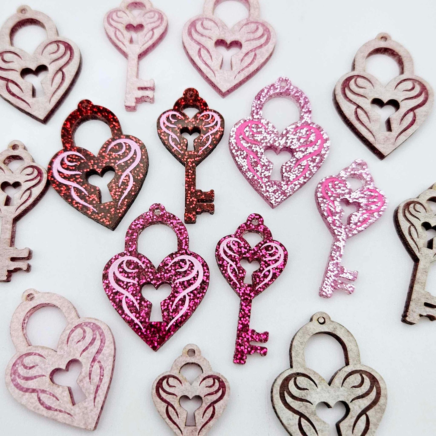 35mm red pink hot pink glitter heart key padlock mixed pack DIY earring supplies laser cut acrylic dangles blanks engraved paint fill Valentine's Day