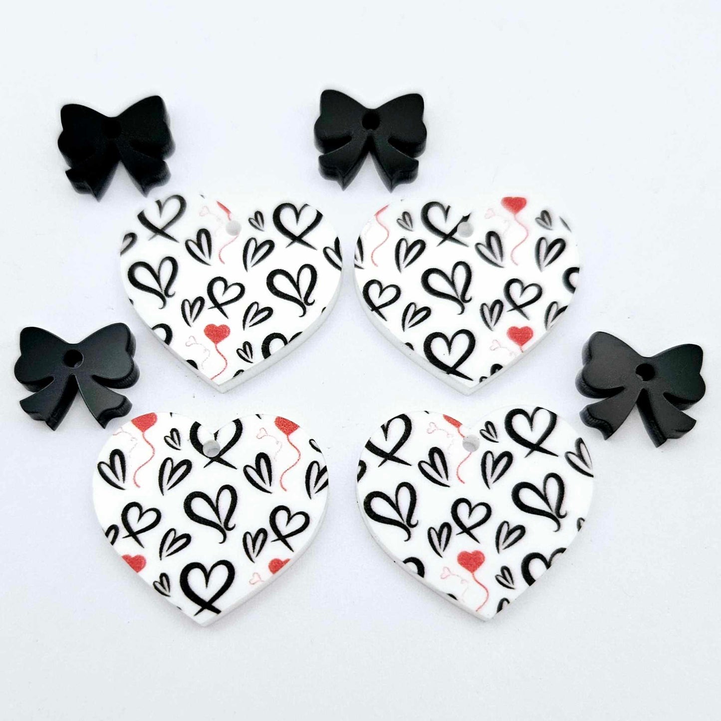 25mm black and red hearts UV printed hearts bows DIY earring supplies laser cut acrylic dangles blanks Valentine's Day