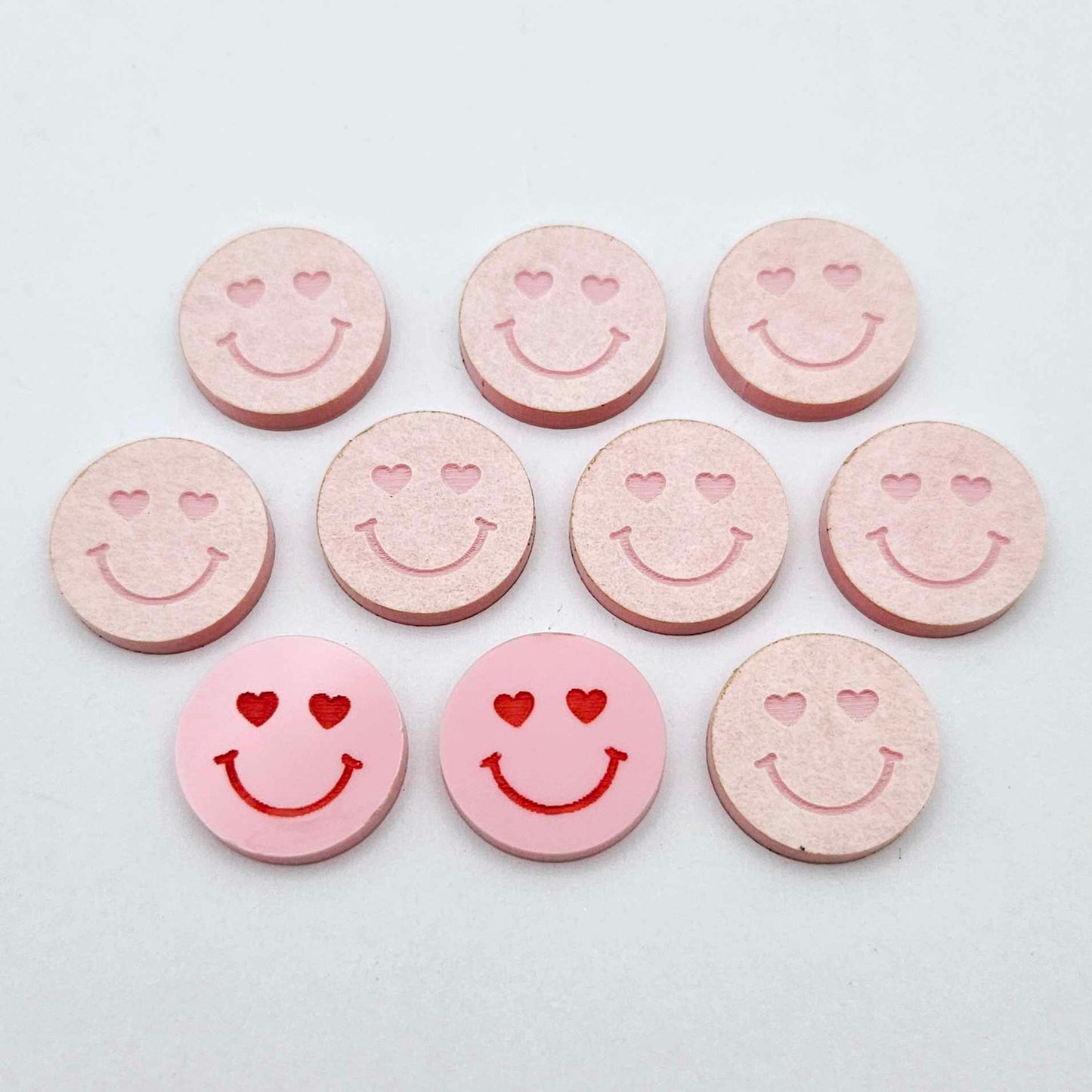 18mm pastel pink acrylic heart eye emoji DIY earring supplies studs blanks laser cut engraved paint fill Valentine's Day
