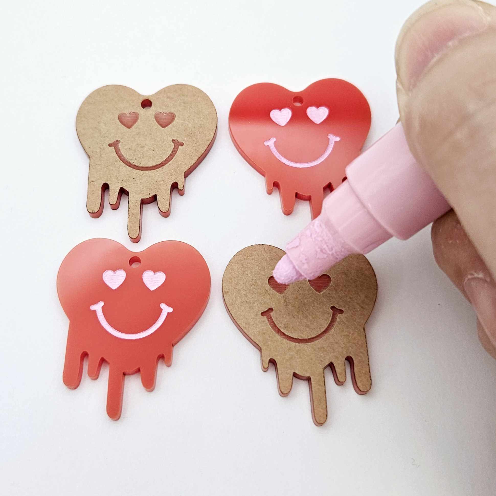 35mm solid red acrylic melting hearts DIY earring supplies blanks laser cut engraved paint fill Valentine's Day