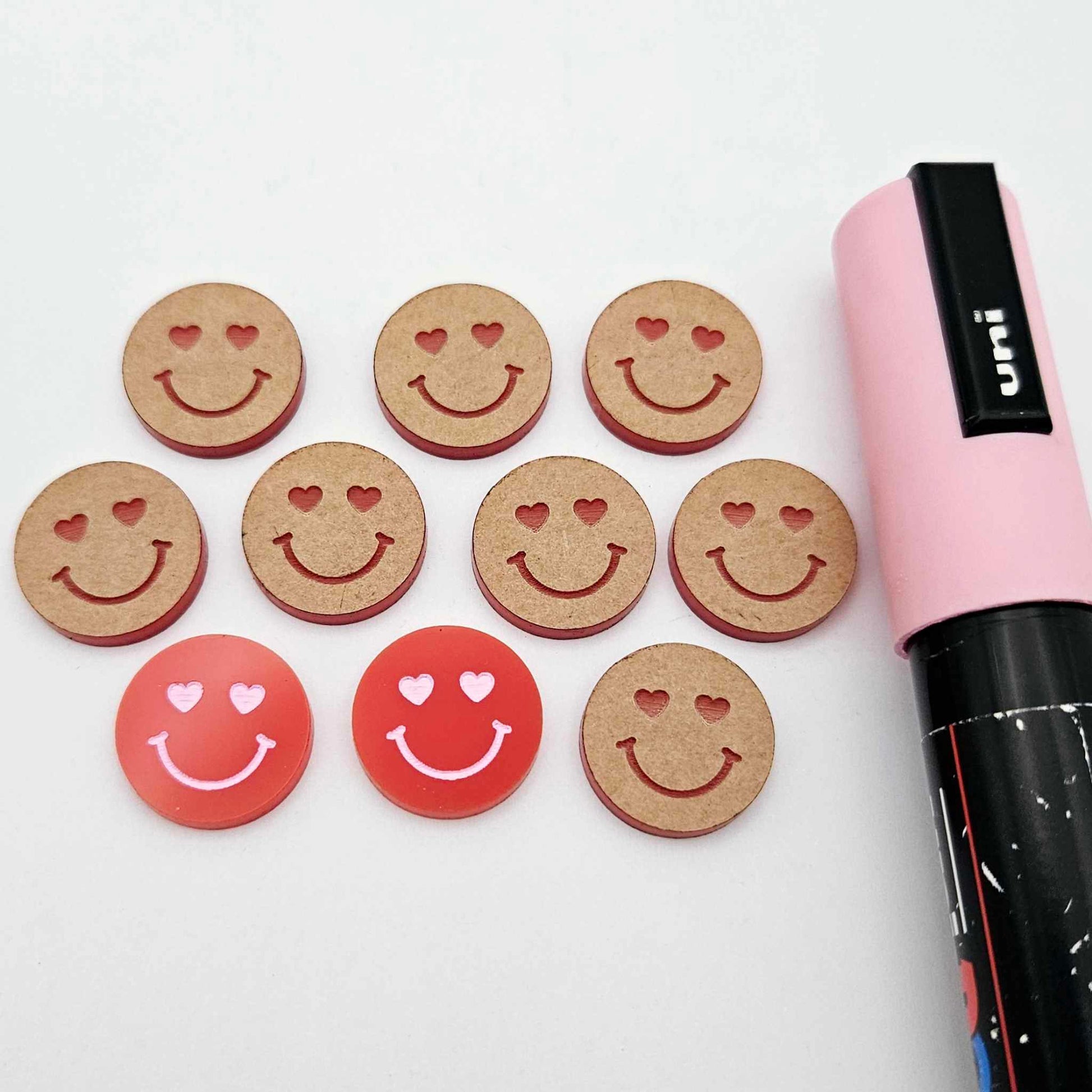 18mm red acrylic heart eye emoji DIY earring supplies studs blanks laser cut engraved paint fill Valentine's Day