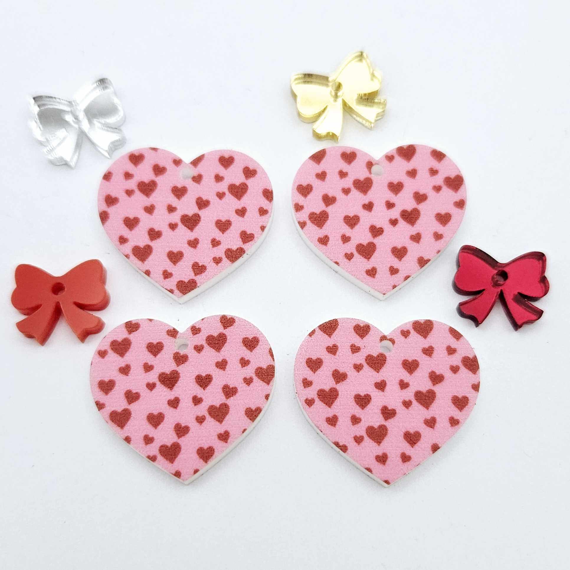 25mm pink and red hearts UV printed hearts bows DIY earring supplies laser cut acrylic dangles blanks Valentine's Day