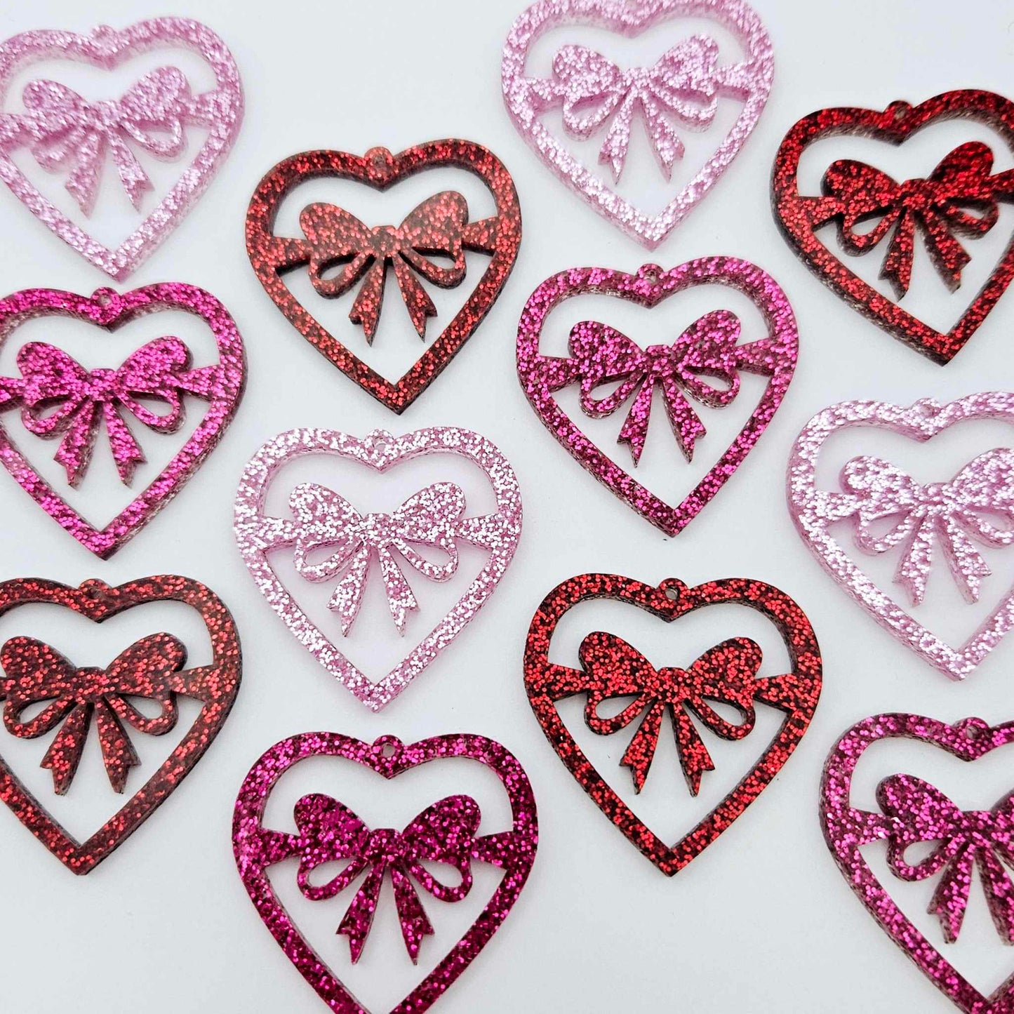 35mm pink red hot pink glitter heart bows DIY earring supplies laser cut acrylic dangles blanks Valentine's Day mixed pack