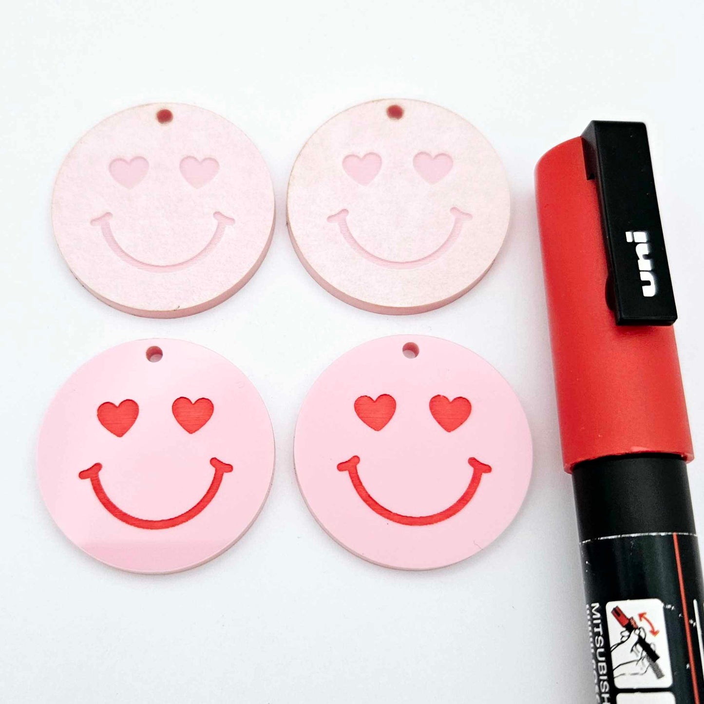 32mm pastel pink acrylic heart eye emoji DIY earring supplies dangles blanks laser cut engraved paint fill Valentine's Day