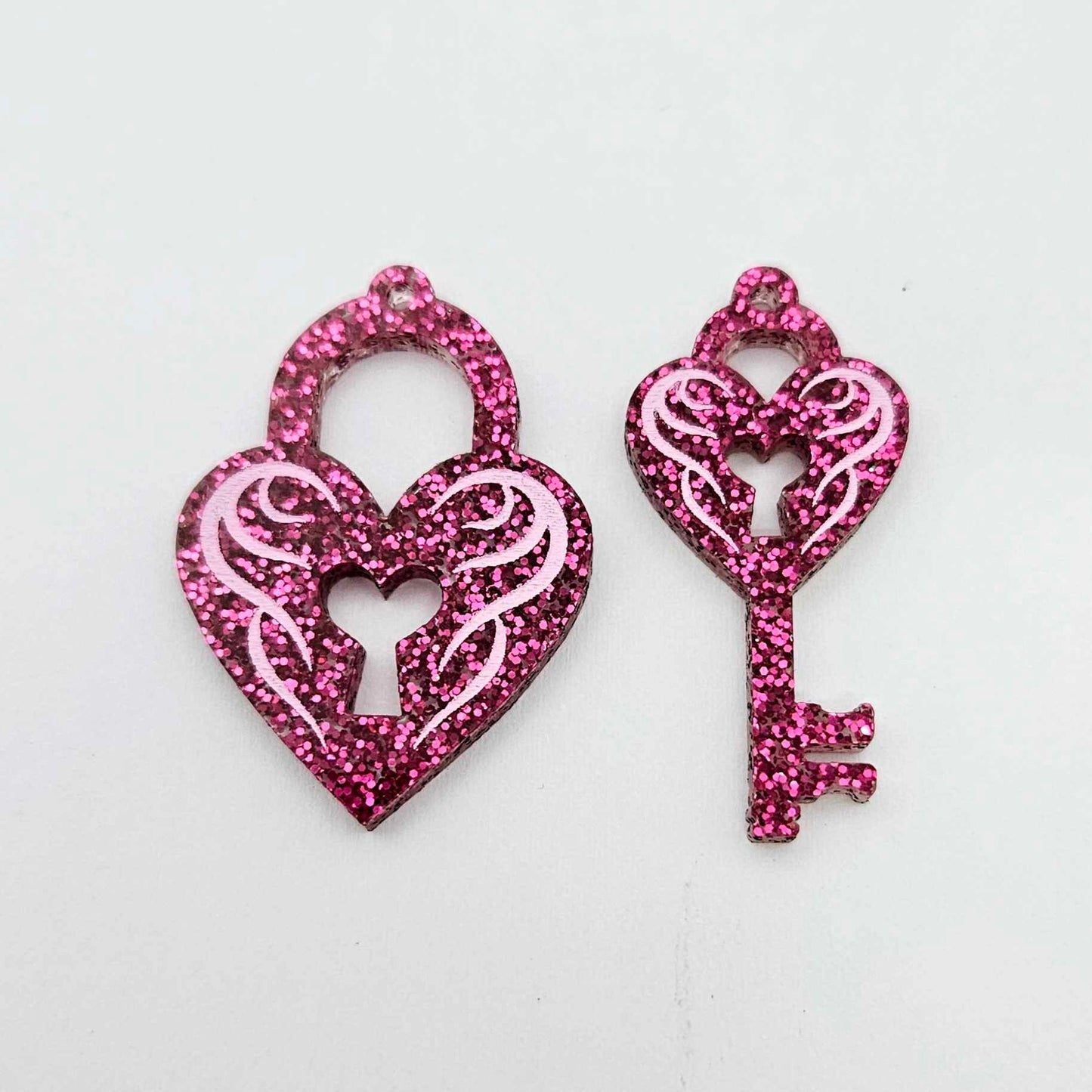 35mm hot pink glitter heart key padlock DIY earring supplies laser cut acrylic dangles blanks engraved paint fill Valentine's Day