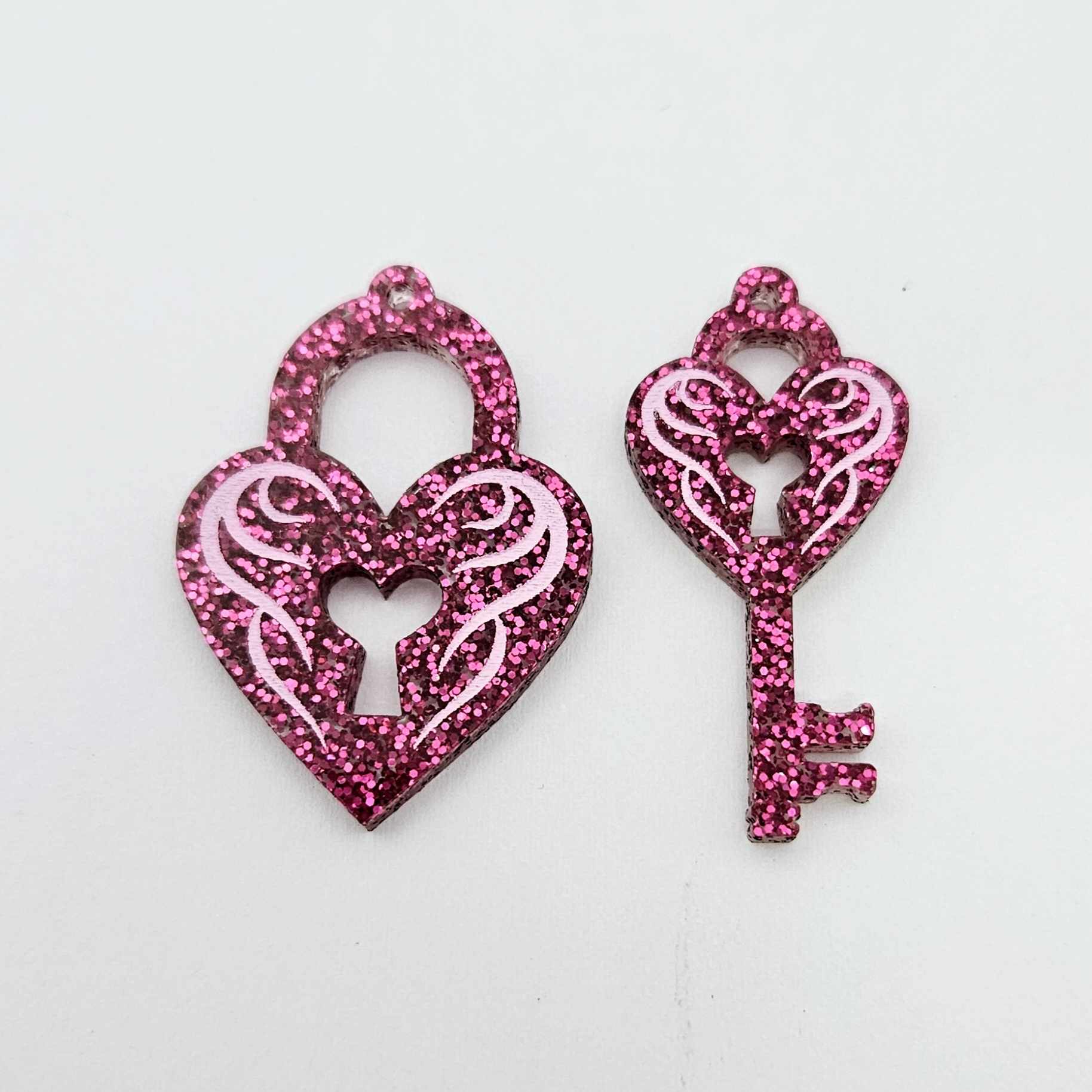 35mm hot pink glitter heart key padlock DIY earring supplies laser cut acrylic dangles blanks engraved paint fill Valentine's Day